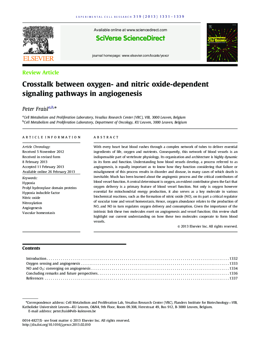 Crosstalk between oxygen- and nitric oxide-dependent signaling pathways in angiogenesis