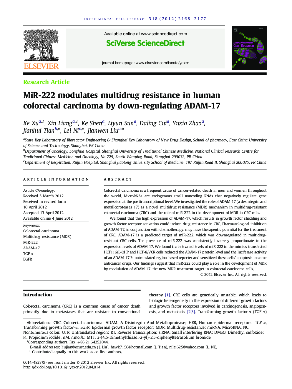 MiR-222 modulates multidrug resistance in human colorectal carcinoma by down-regulating ADAM-17