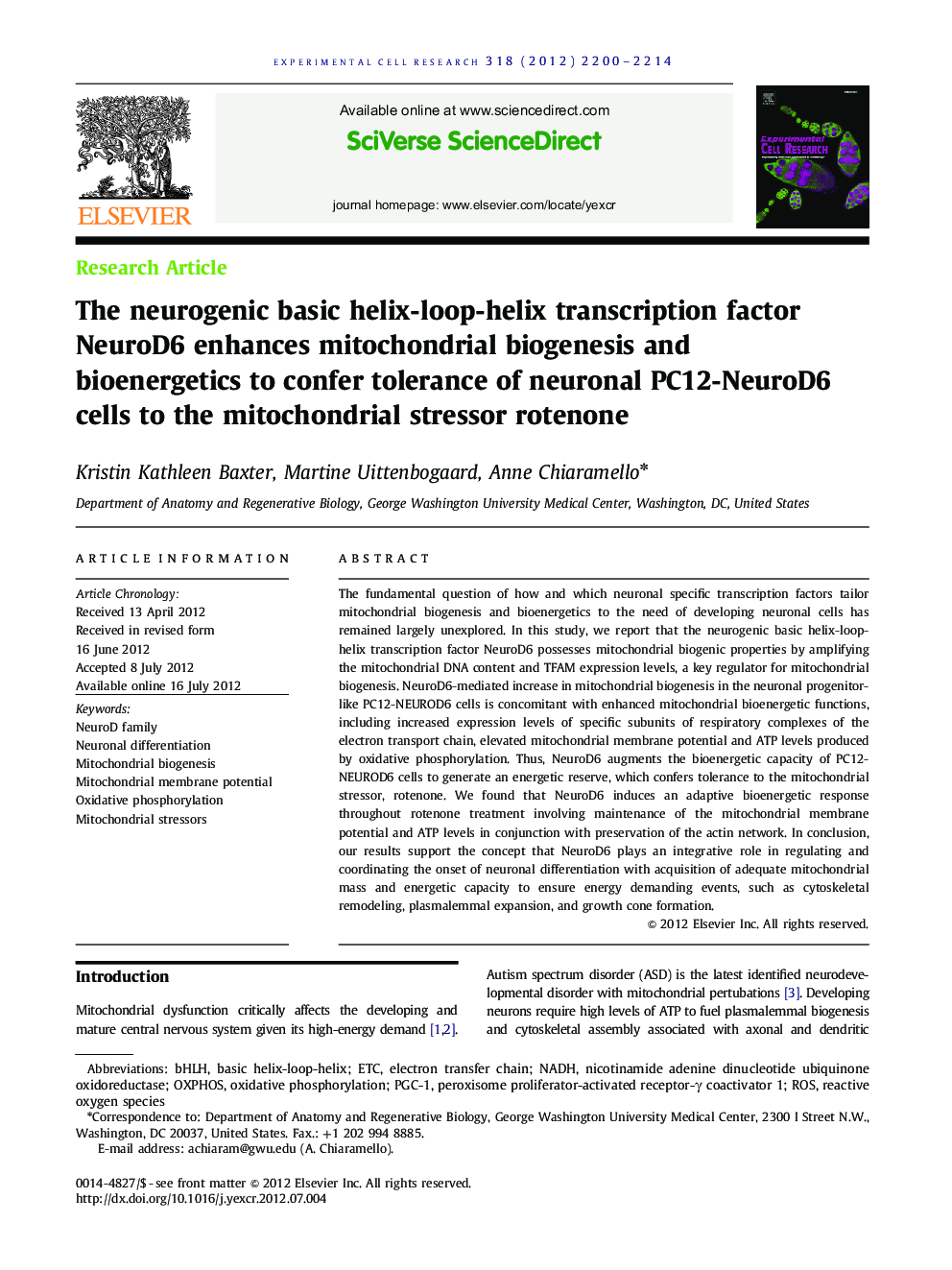 The neurogenic basic helix-loop-helix transcription factor NeuroD6 enhances mitochondrial biogenesis and bioenergetics to confer tolerance of neuronal PC12-NeuroD6 cells to the mitochondrial stressor rotenone
