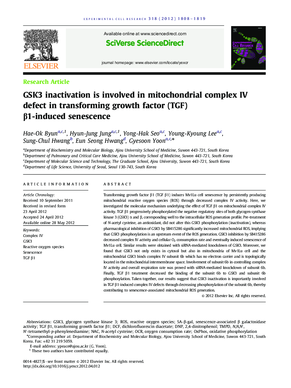 GSK3 inactivation is involved in mitochondrial complex IV defect in transforming growth factor (TGF) β1-induced senescence