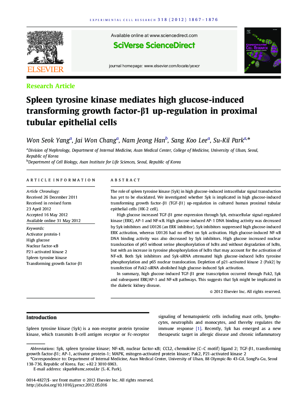 Spleen tyrosine kinase mediates high glucose-induced transforming growth factor-β1 up-regulation in proximal tubular epithelial cells