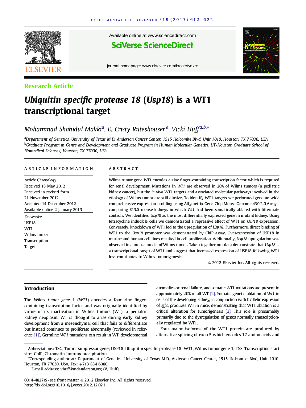 Ubiquitin specific protease 18 (Usp18) is a WT1 transcriptional target