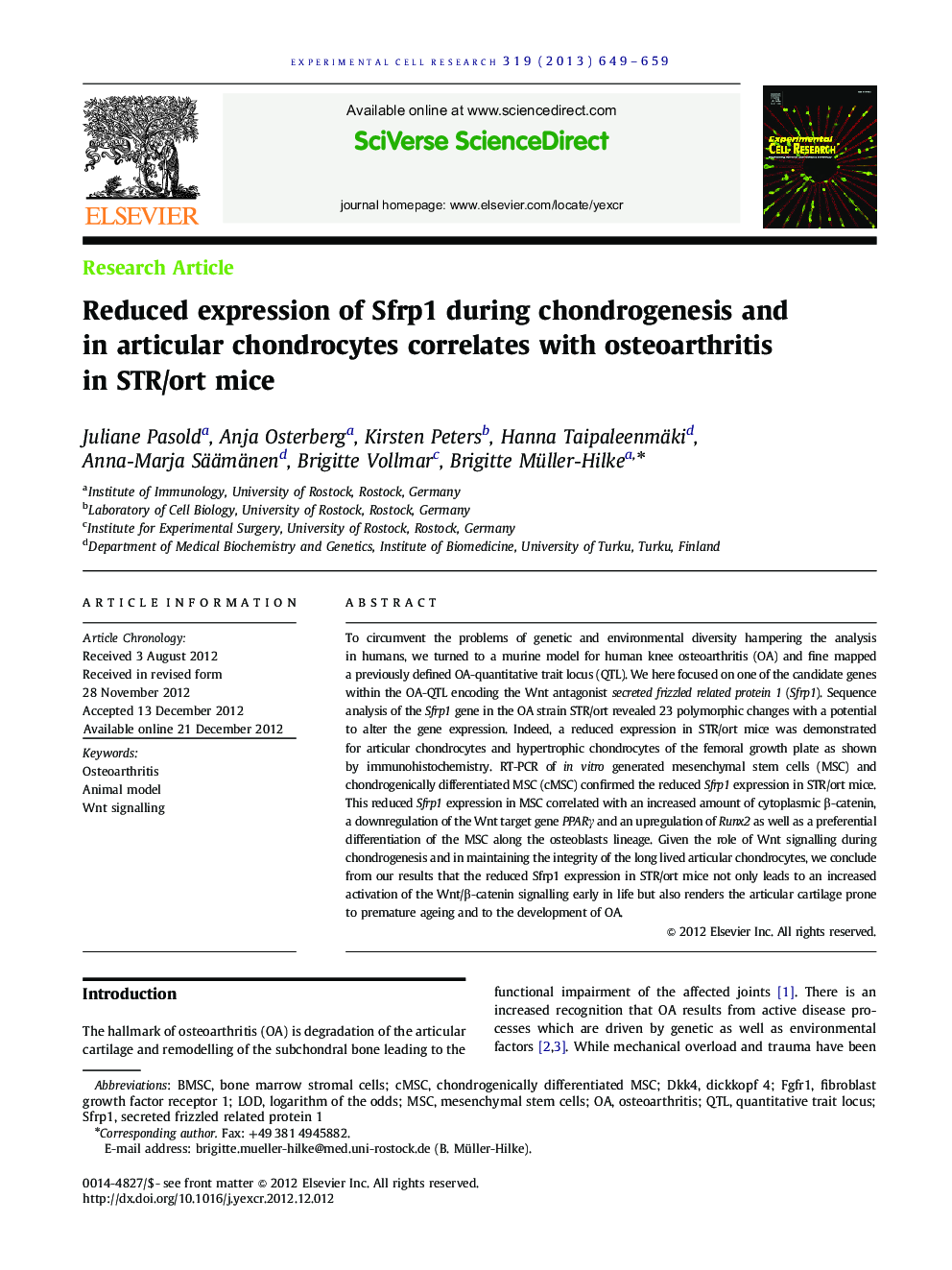 Reduced expression of Sfrp1 during chondrogenesis and in articular chondrocytes correlates with osteoarthritis in STR/ort mice