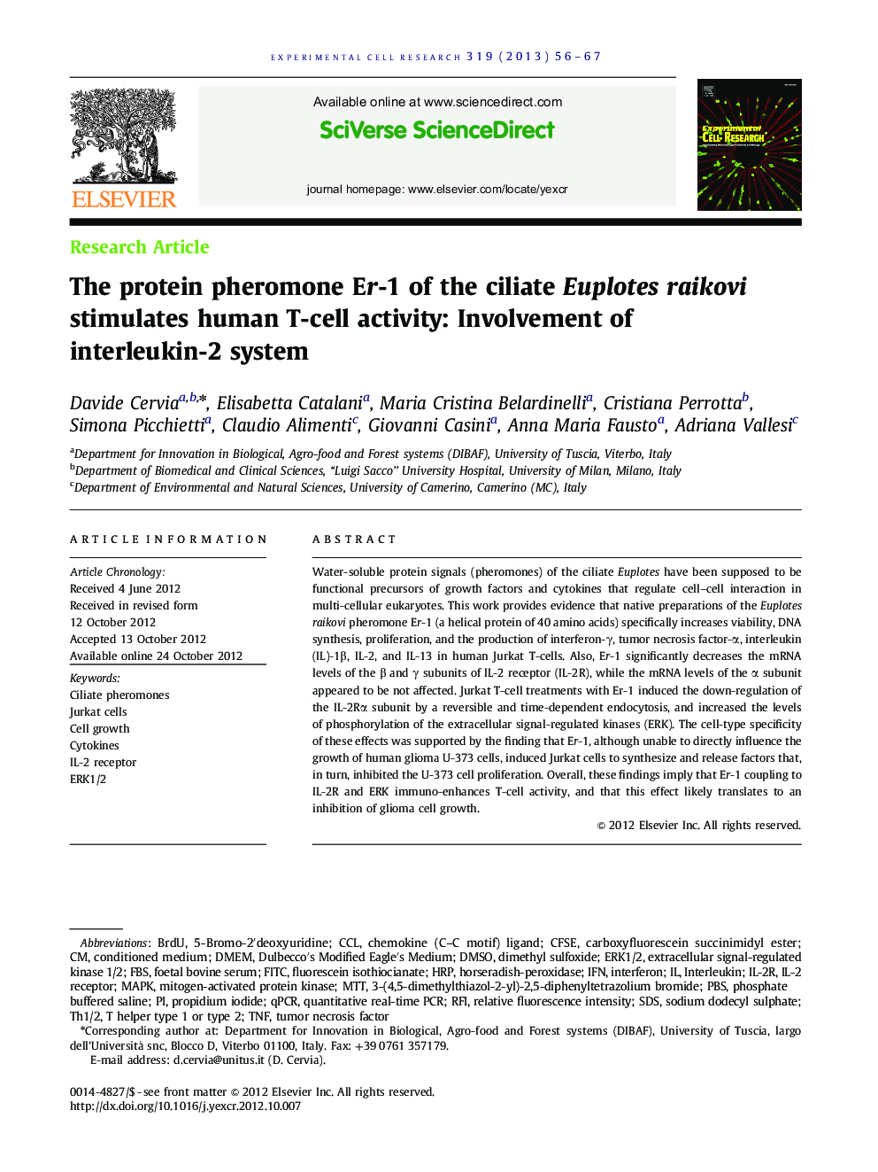 The protein pheromone Er-1 of the ciliate Euplotes raikovi stimulates human T-cell activity: Involvement of interleukin-2 system