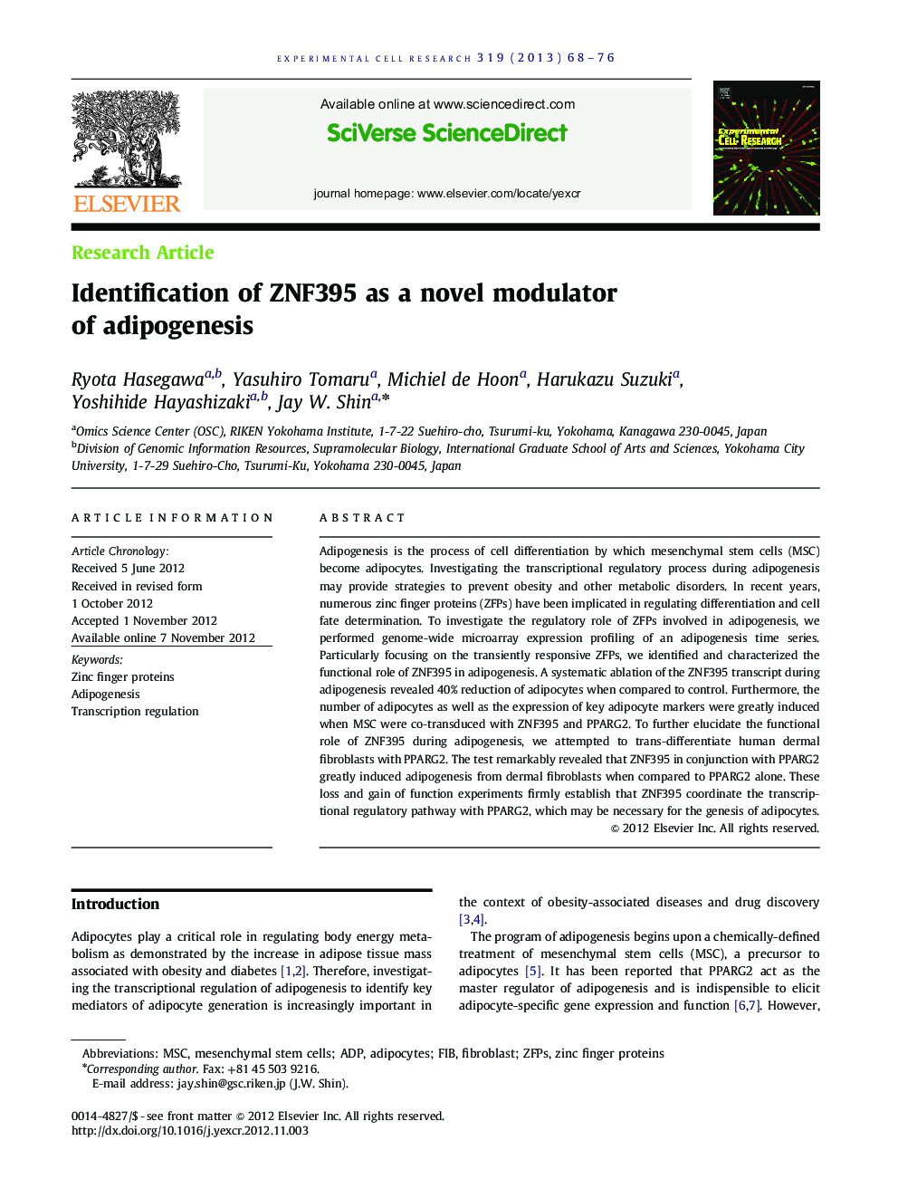Identification of ZNF395 as a novel modulator of adipogenesis