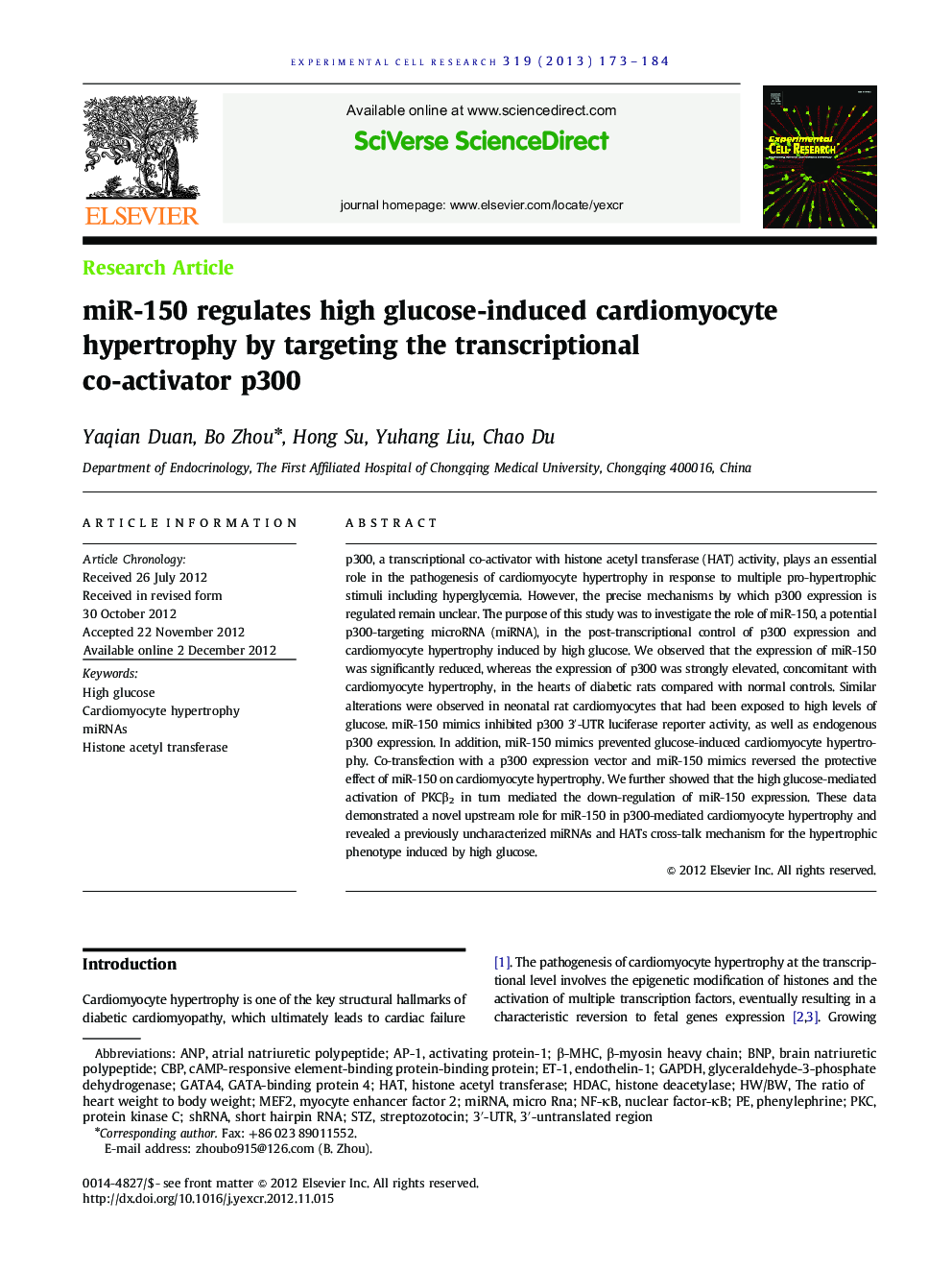 miR-150 regulates high glucose-induced cardiomyocyte hypertrophy by targeting the transcriptional co-activator p300