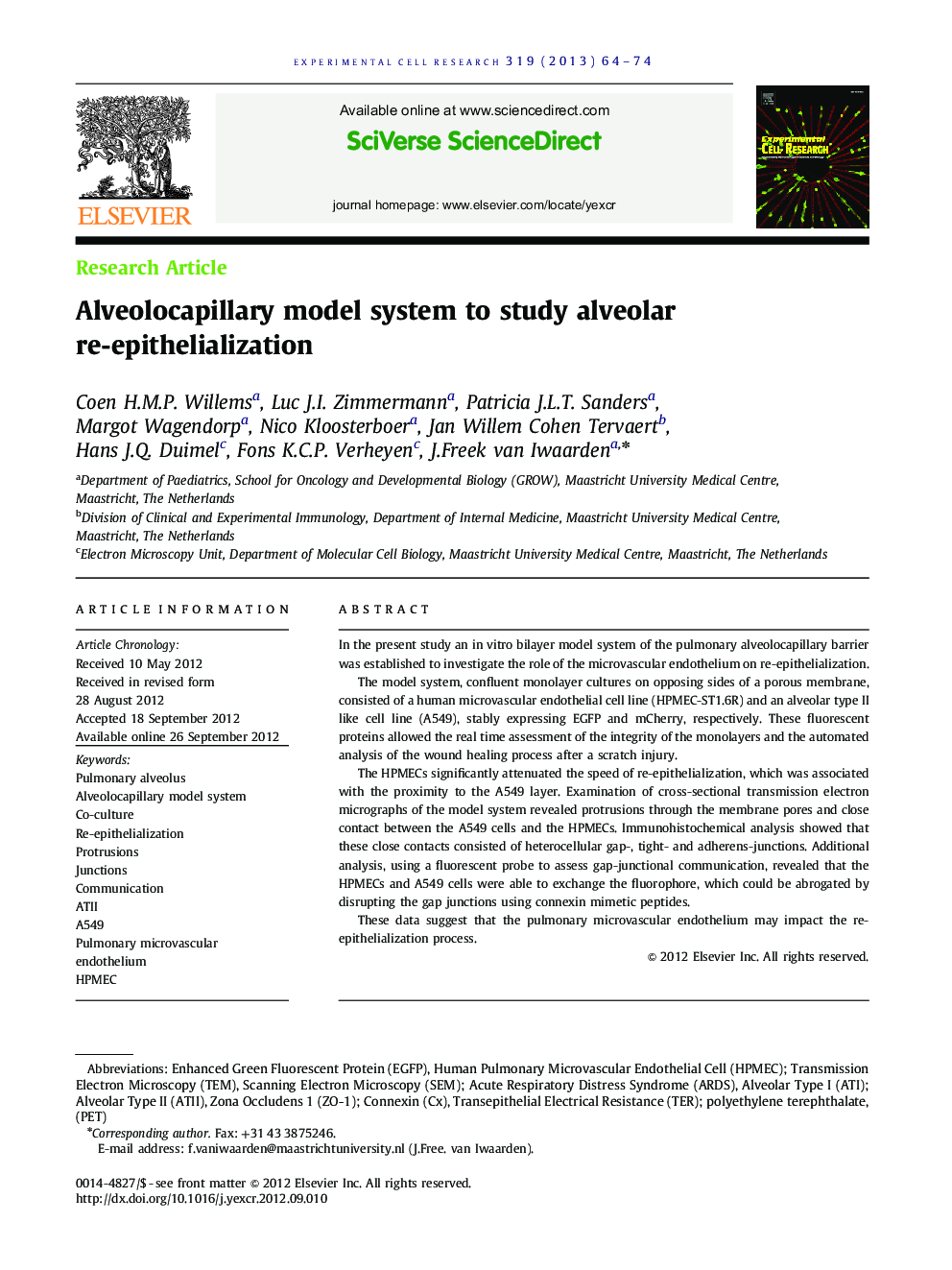 Alveolocapillary model system to study alveolar re-epithelialization