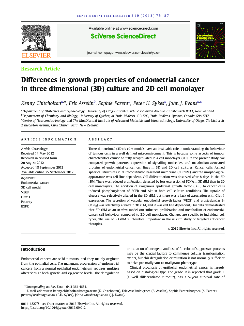 Differences in growth properties of endometrial cancer in three dimensional (3D) culture and 2D cell monolayer