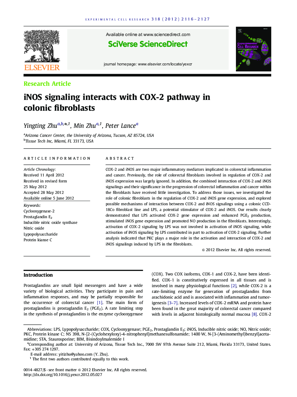 iNOS signaling interacts with COX-2 pathway in colonic fibroblasts