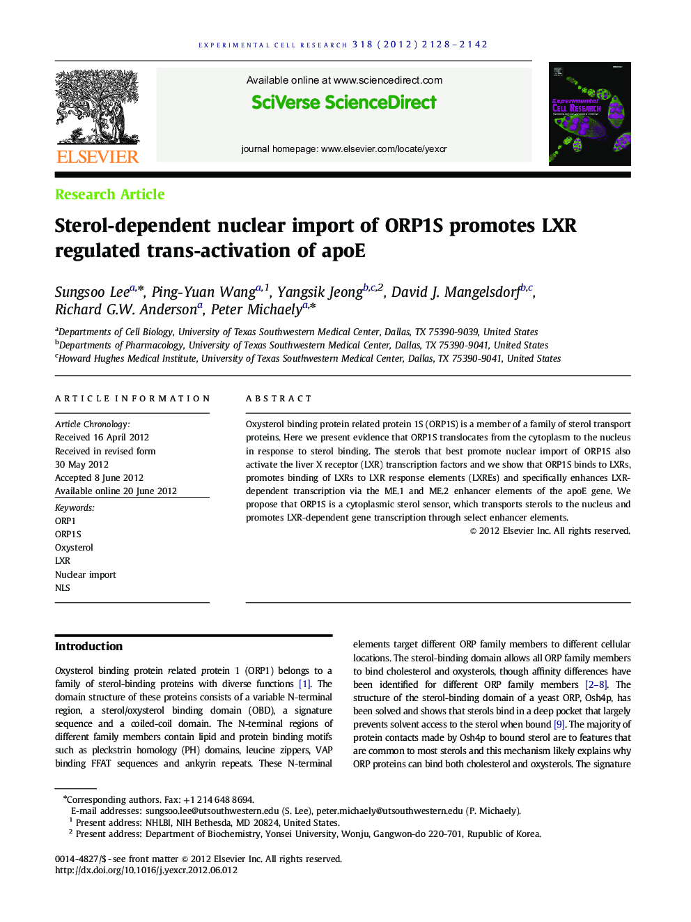 Sterol-dependent nuclear import of ORP1S promotes LXR regulated trans-activation of apoE