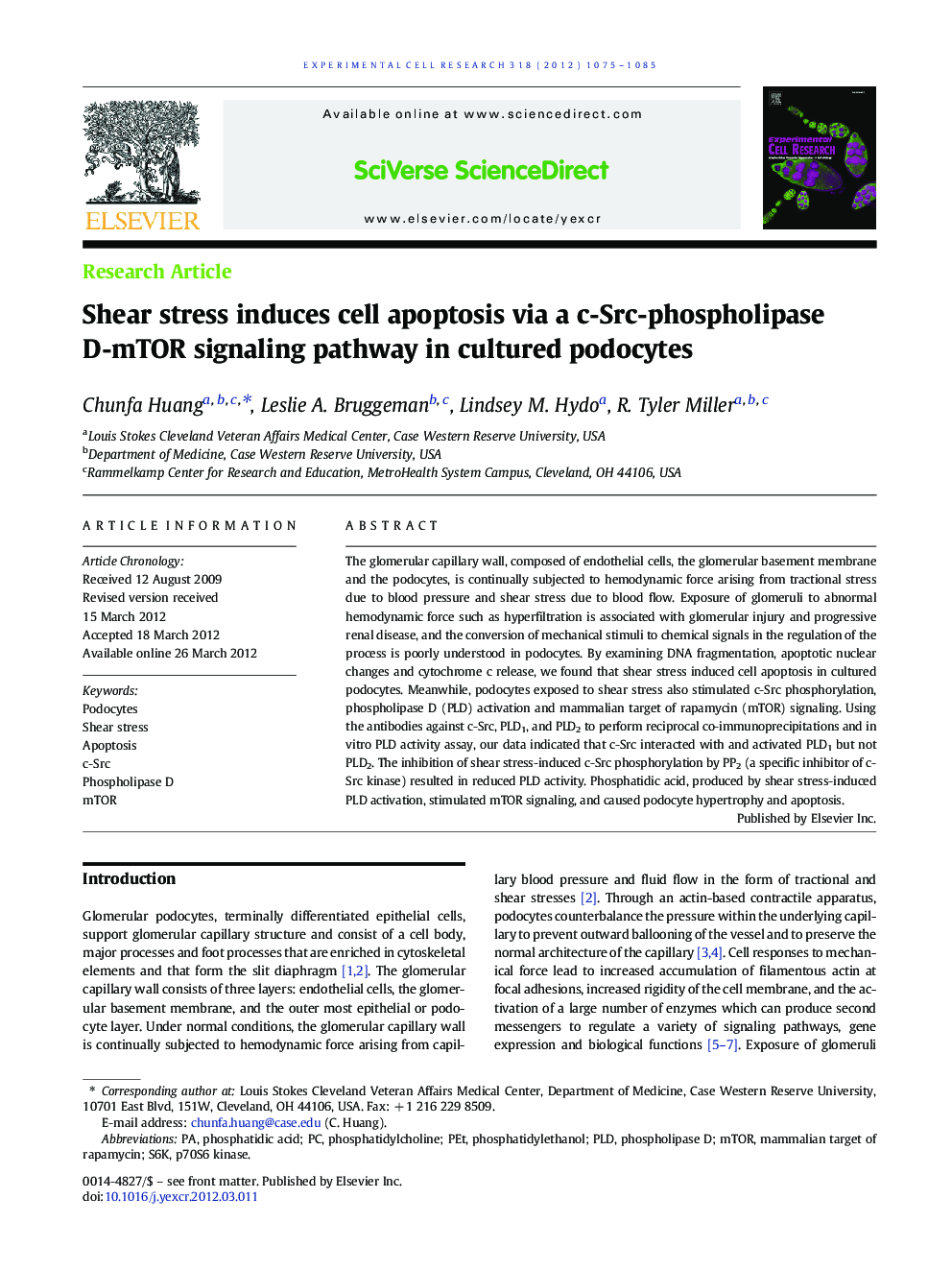 Shear stress induces cell apoptosis via a c-Src-phospholipase D-mTOR signaling pathway in cultured podocytes