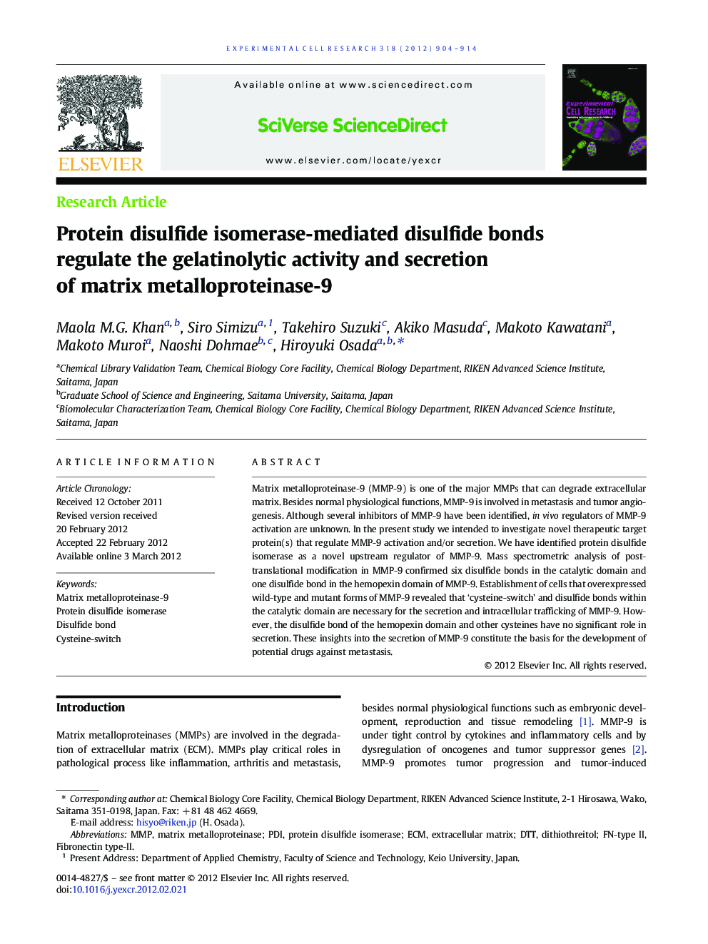 Protein disulfide isomerase-mediated disulfide bonds regulate the gelatinolytic activity and secretion of matrix metalloproteinase-9