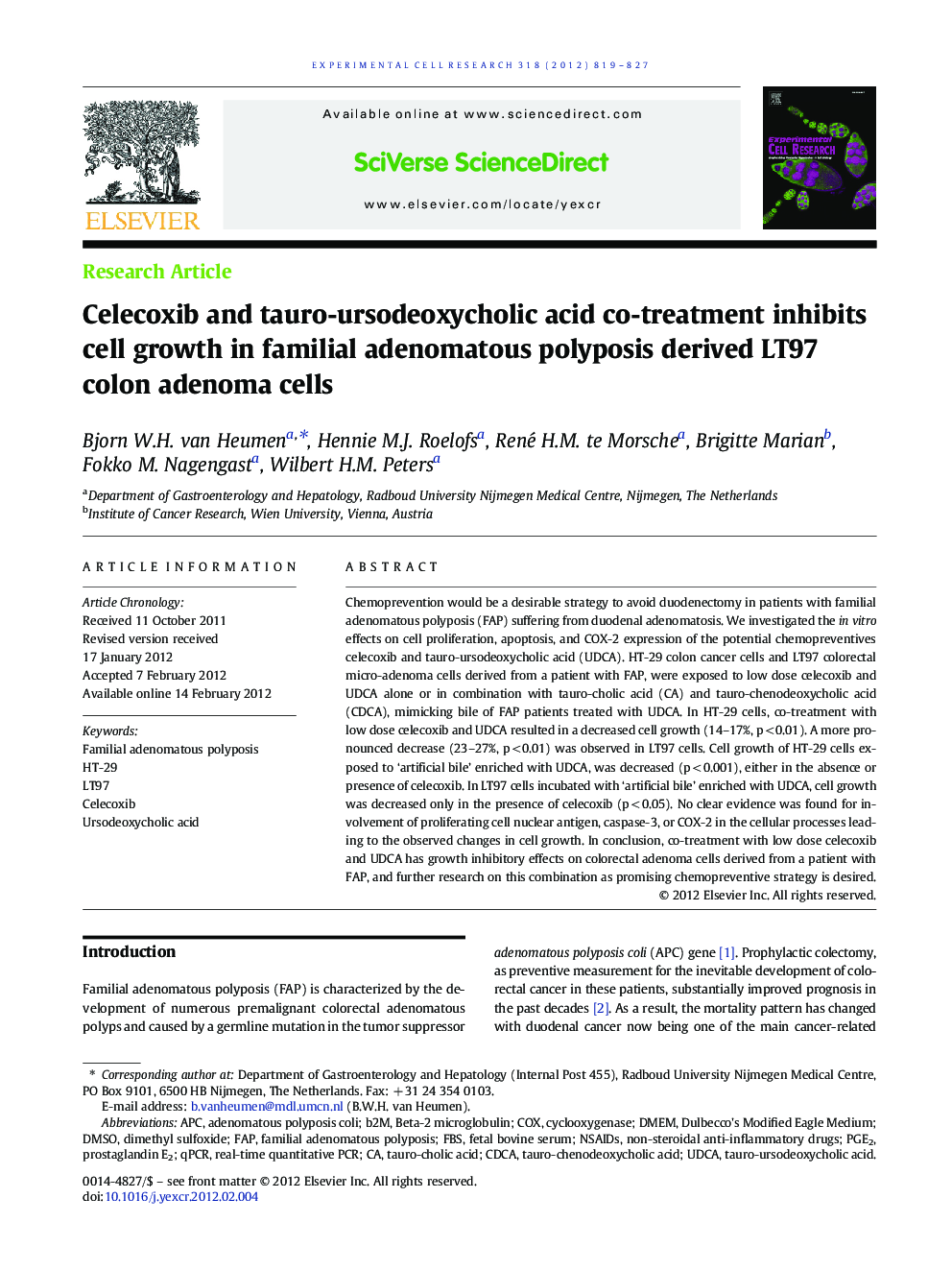 Celecoxib and tauro-ursodeoxycholic acid co-treatment inhibits cell growth in familial adenomatous polyposis derived LT97 colon adenoma cells