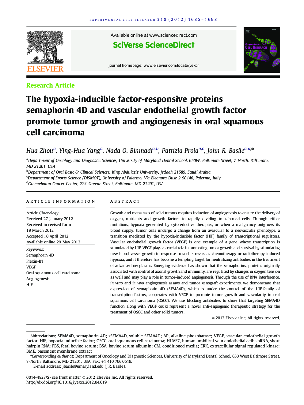 The hypoxia-inducible factor-responsive proteins semaphorin 4D and vascular endothelial growth factor promote tumor growth and angiogenesis in oral squamous cell carcinoma