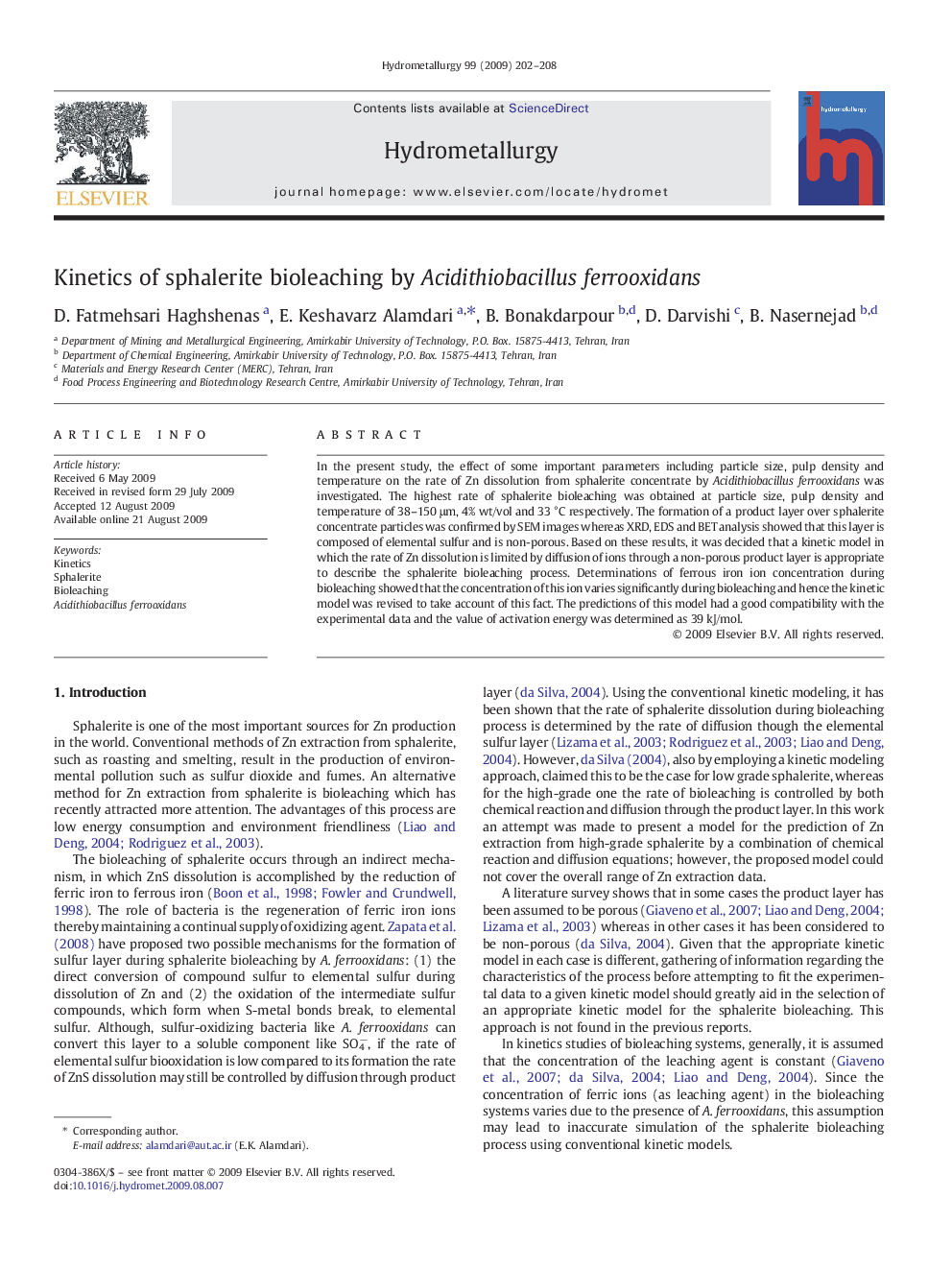 Kinetics of sphalerite bioleaching by Acidithiobacillus ferrooxidans