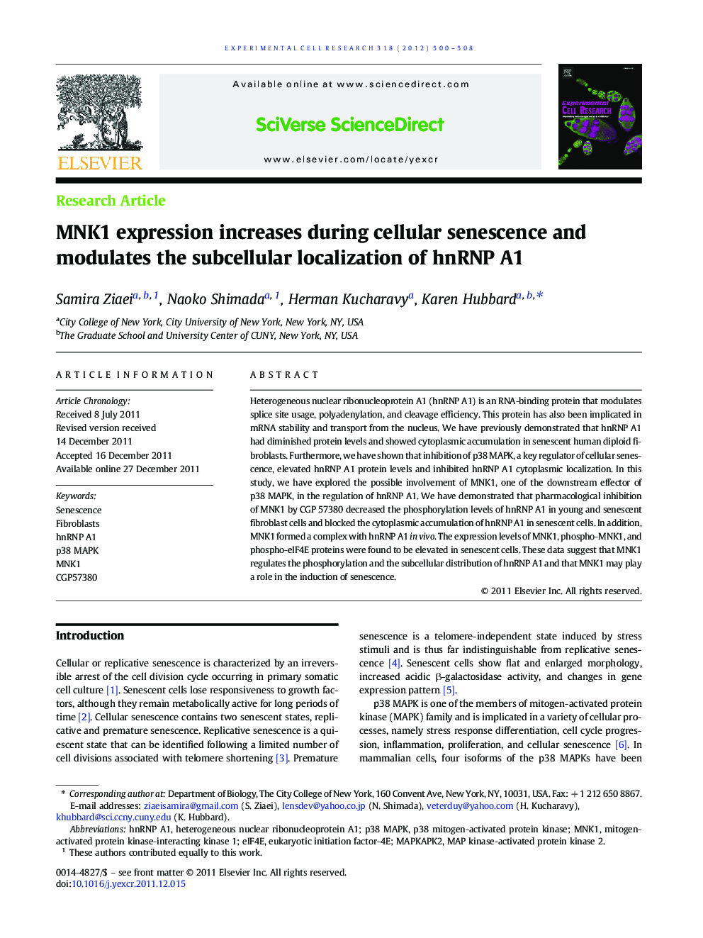 MNK1 expression increases during cellular senescence and modulates the subcellular localization of hnRNP A1