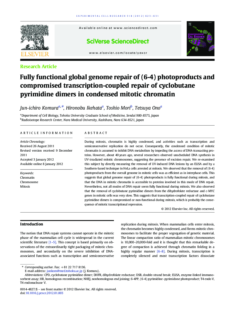 Fully functional global genome repair of (6-4) photoproducts and compromised transcription-coupled repair of cyclobutane pyrimidine dimers in condensed mitotic chromatin