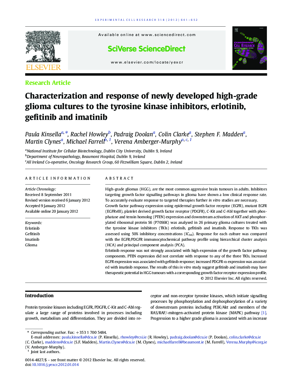 Characterization and response of newly developed high-grade glioma cultures to the tyrosine kinase inhibitors, erlotinib, gefitinib and imatinib