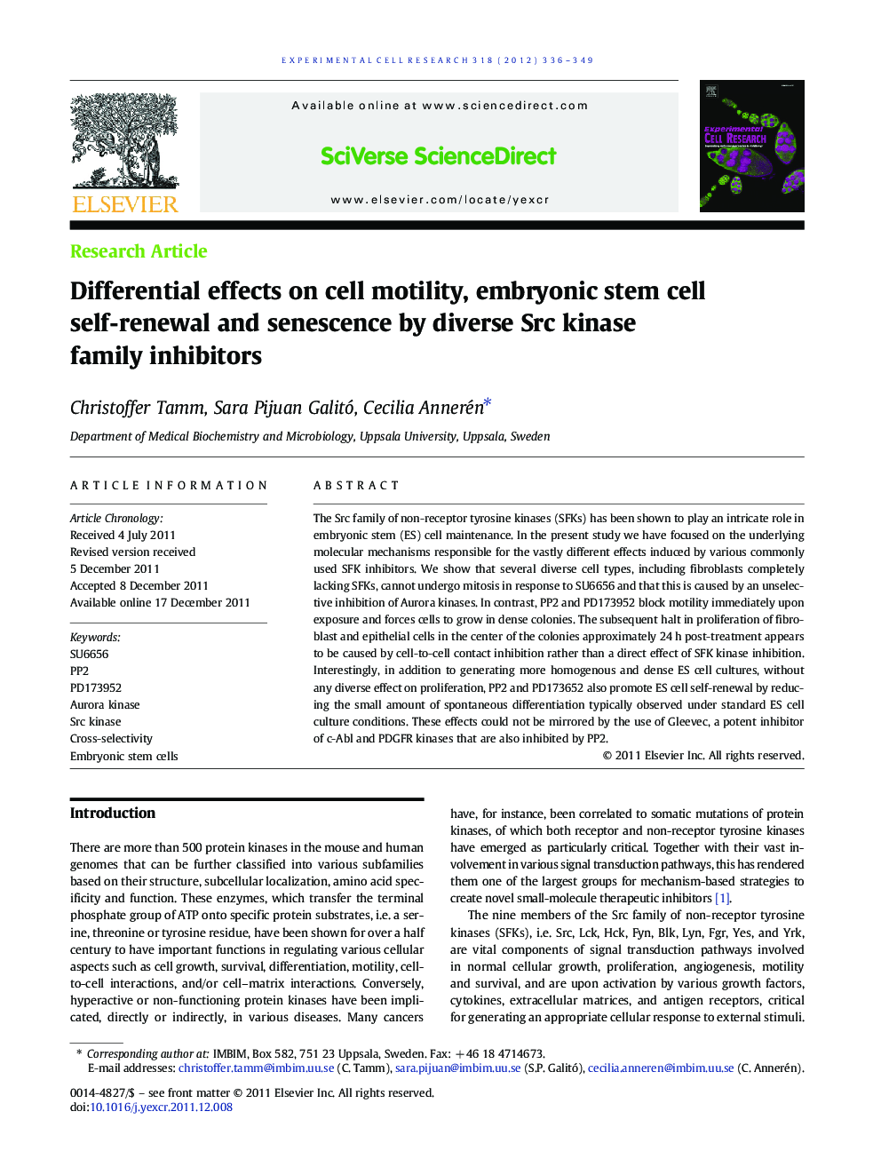 Differential effects on cell motility, embryonic stem cell self-renewal and senescence by diverse Src kinase family inhibitors