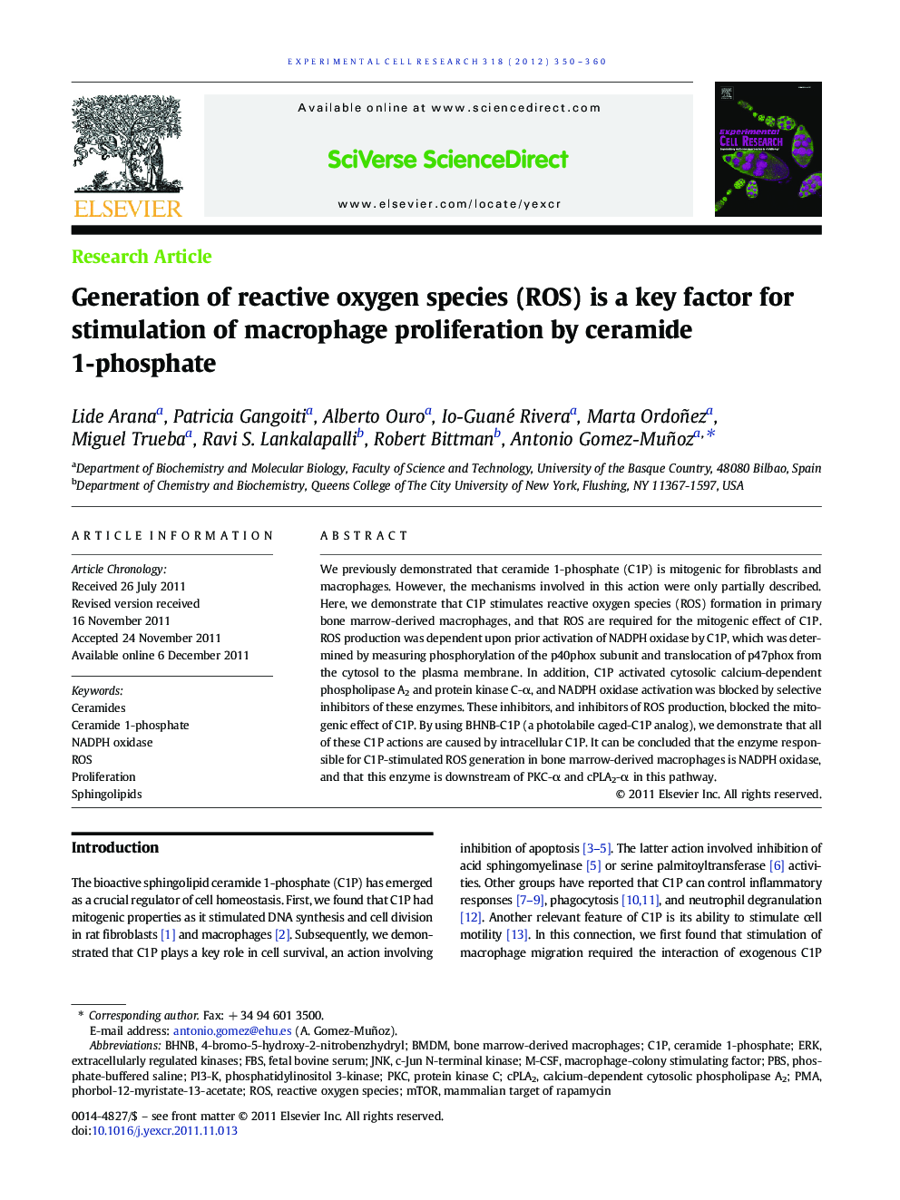 Generation of reactive oxygen species (ROS) is a key factor for stimulation of macrophage proliferation by ceramide 1-phosphate