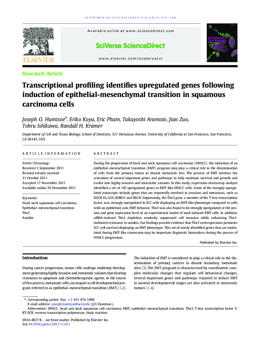 Transcriptional profiling identifies upregulated genes following induction of epithelial-mesenchymal transition in squamous carcinoma cells