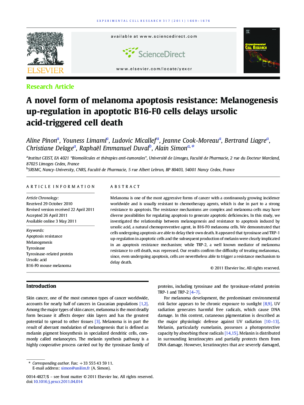 A novel form of melanoma apoptosis resistance: Melanogenesis up-regulation in apoptotic B16-F0 cells delays ursolic acid-triggered cell death