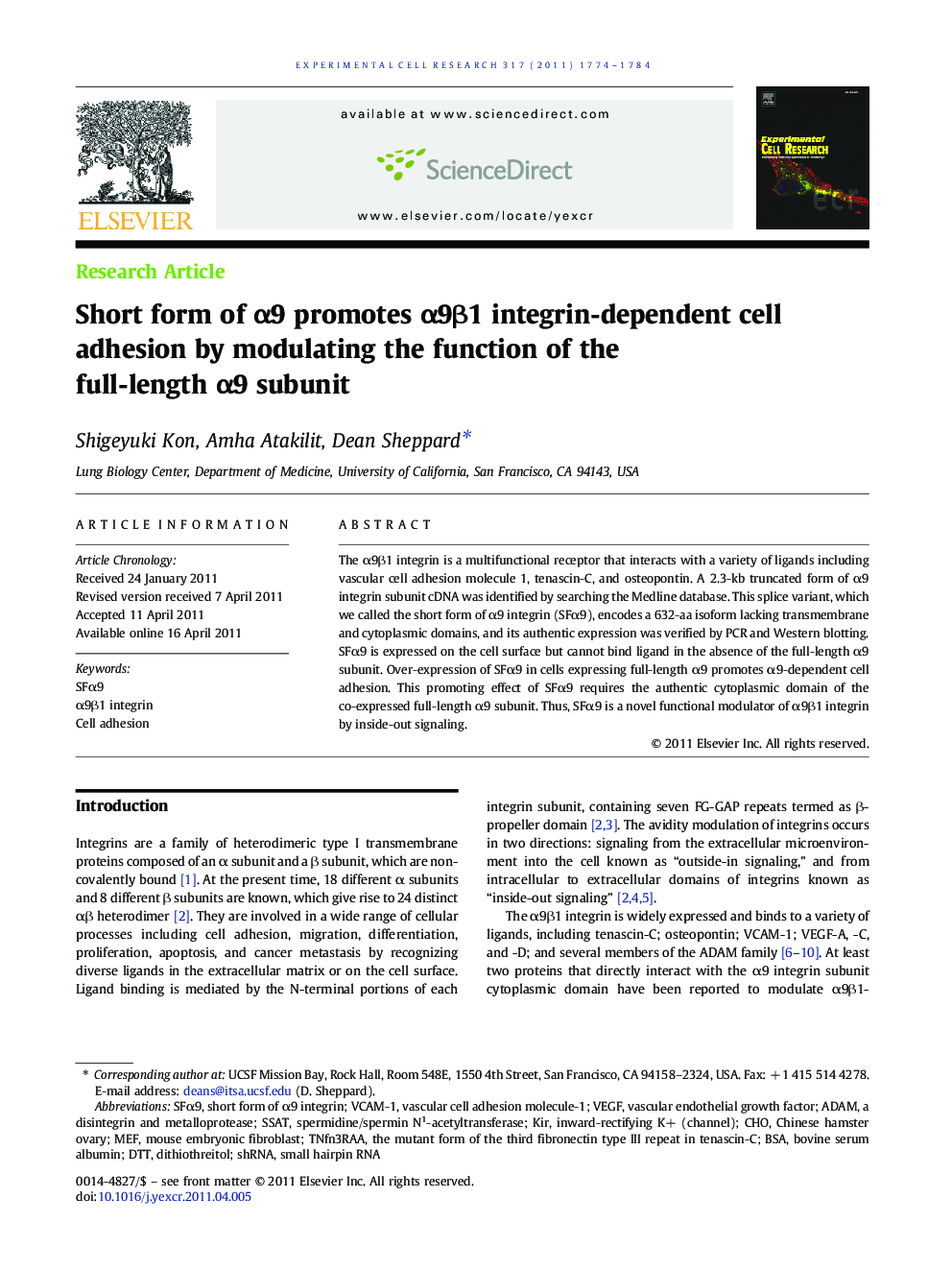 Short form of α9 promotes α9β1 integrin-dependent cell adhesion by modulating the function of the full-length α9 subunit