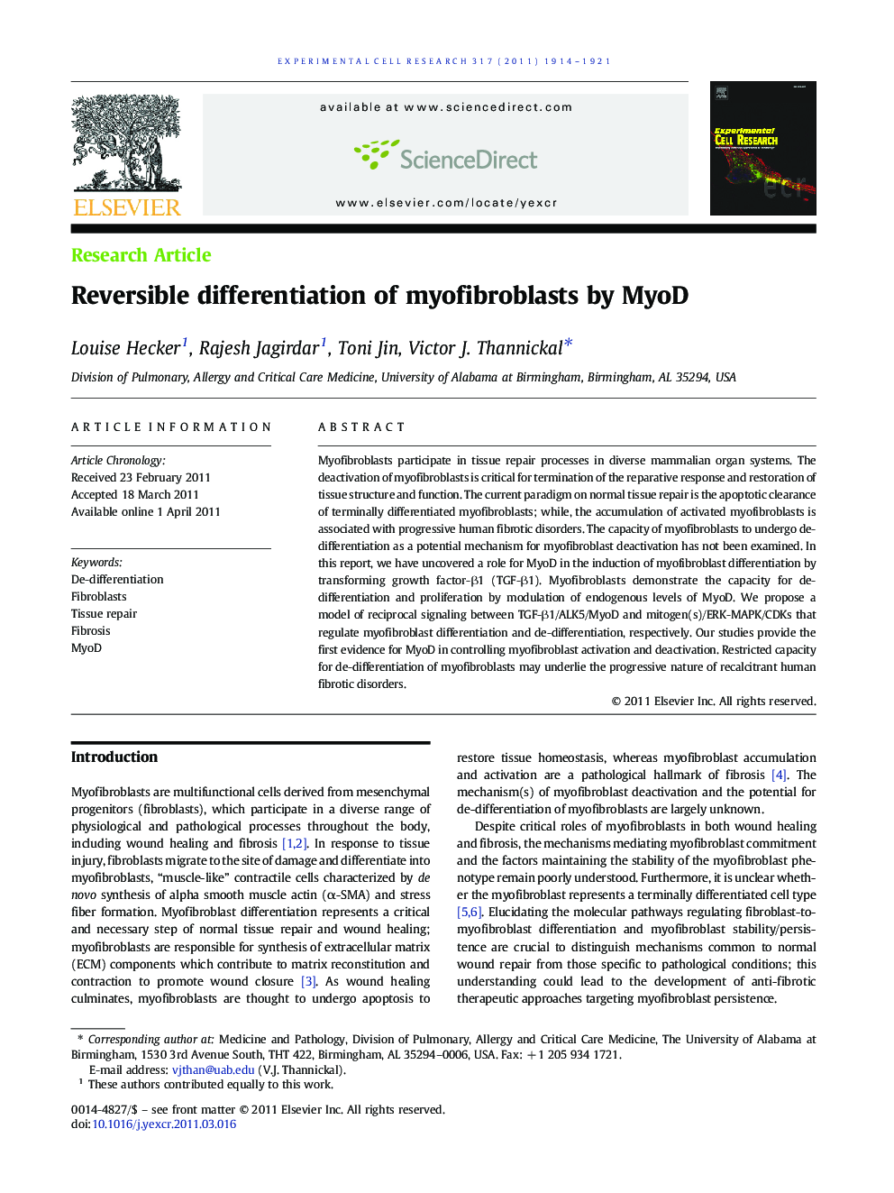 Reversible differentiation of myofibroblasts by MyoD