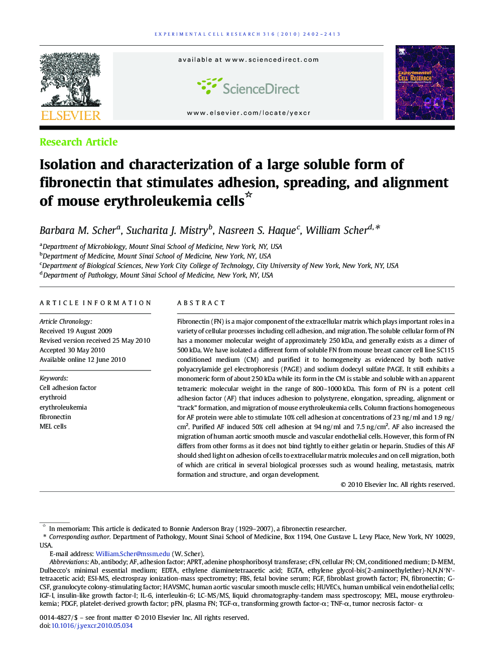 Isolation and characterization of a large soluble form of fibronectin that stimulates adhesion, spreading, and alignment of mouse erythroleukemia cells 