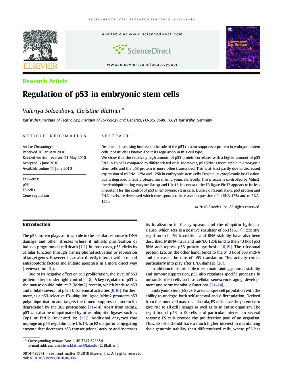Regulation of p53 in embryonic stem cells