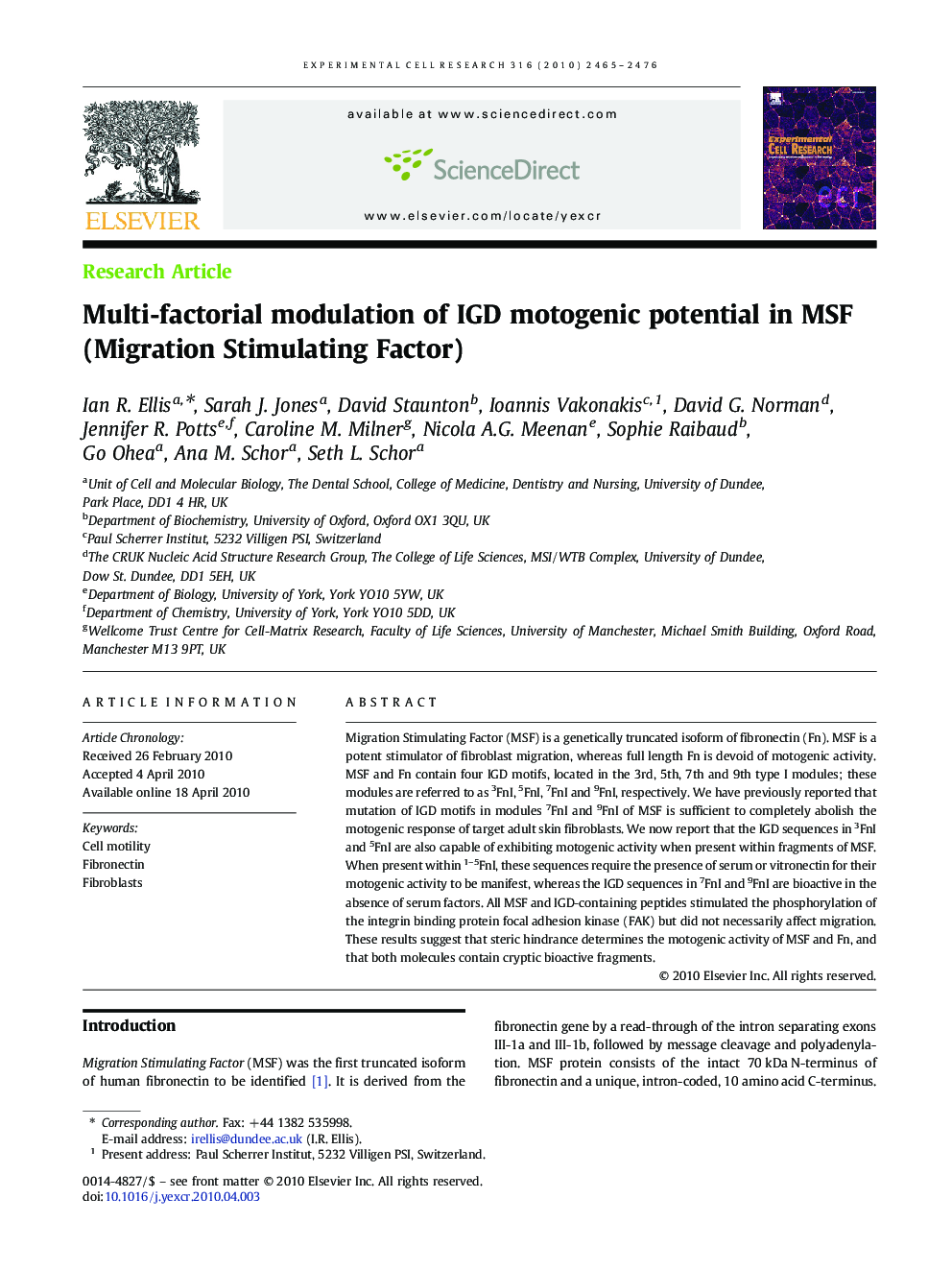 Multi-factorial modulation of IGD motogenic potential in MSF (Migration Stimulating Factor)