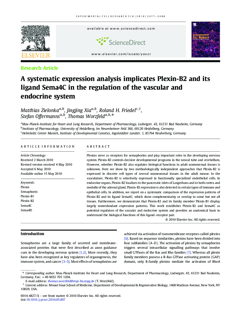 A systematic expression analysis implicates Plexin-B2 and its ligand Sema4C in the regulation of the vascular and endocrine system