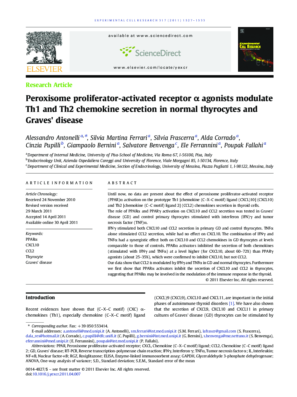 Peroxisome proliferator-activated receptor α agonists modulate Th1 and Th2 chemokine secretion in normal thyrocytes and Graves' disease