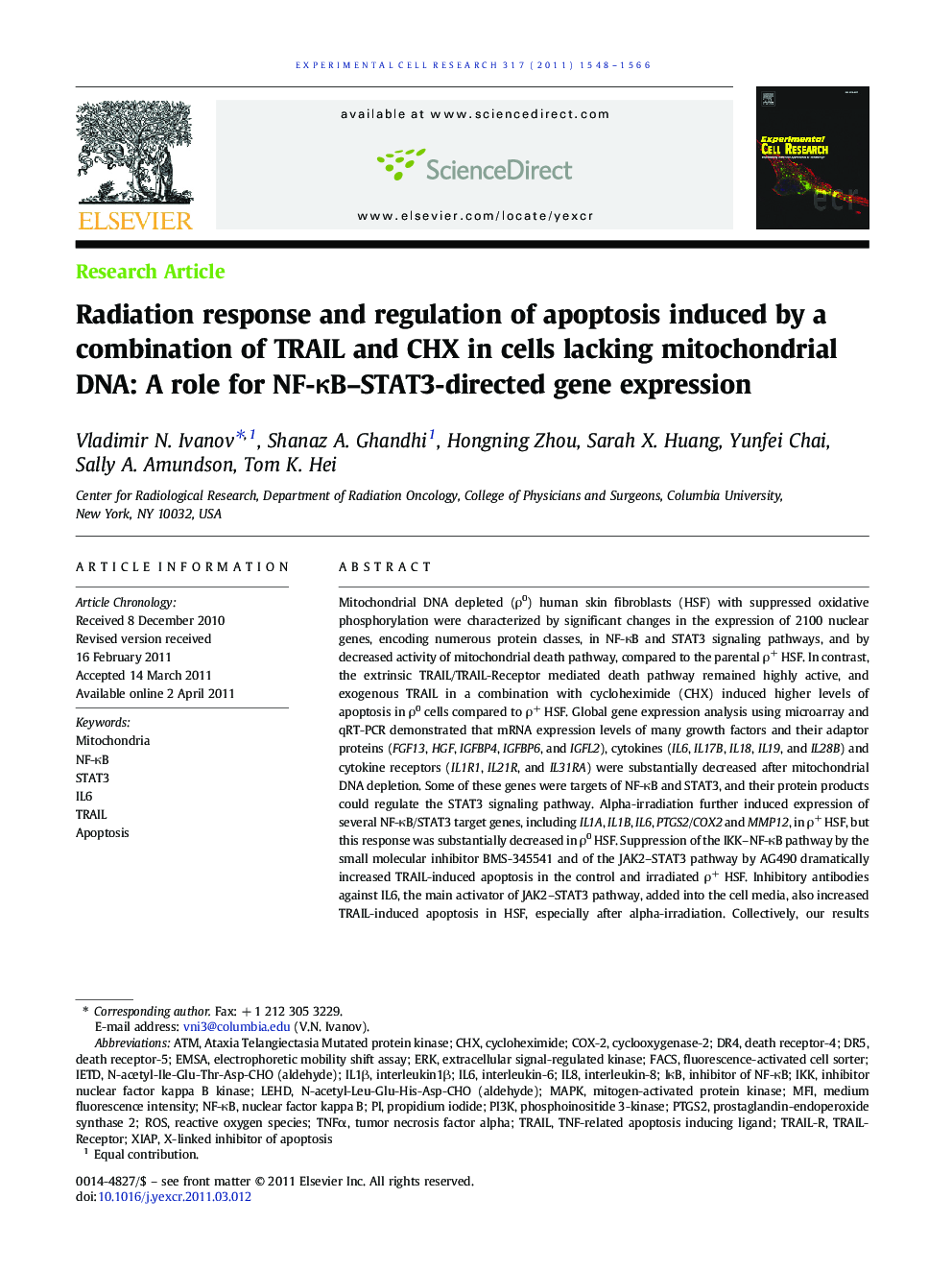 Radiation response and regulation of apoptosis induced by a combination of TRAIL and CHX in cells lacking mitochondrial DNA: A role for NF-κB–STAT3-directed gene expression