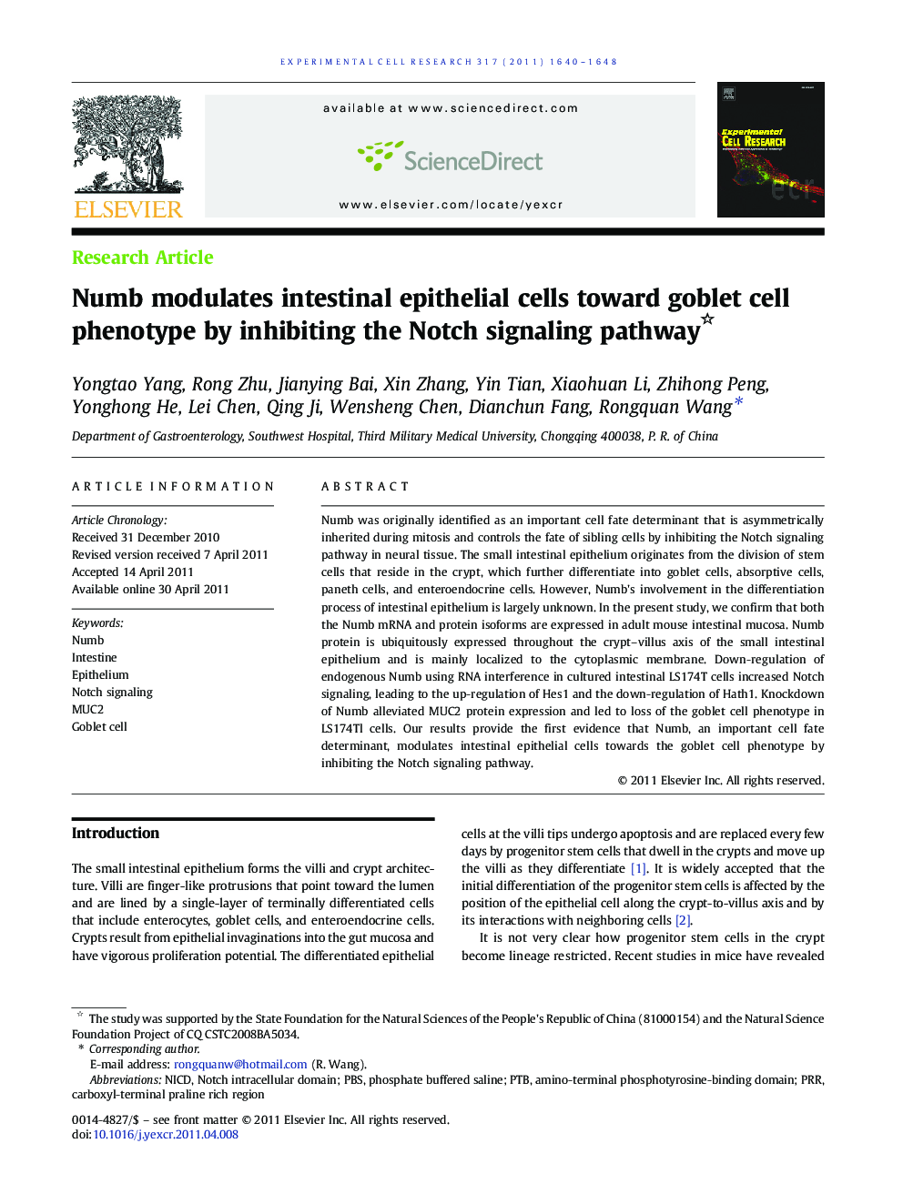 Numb modulates intestinal epithelial cells toward goblet cell phenotype by inhibiting the Notch signaling pathway 