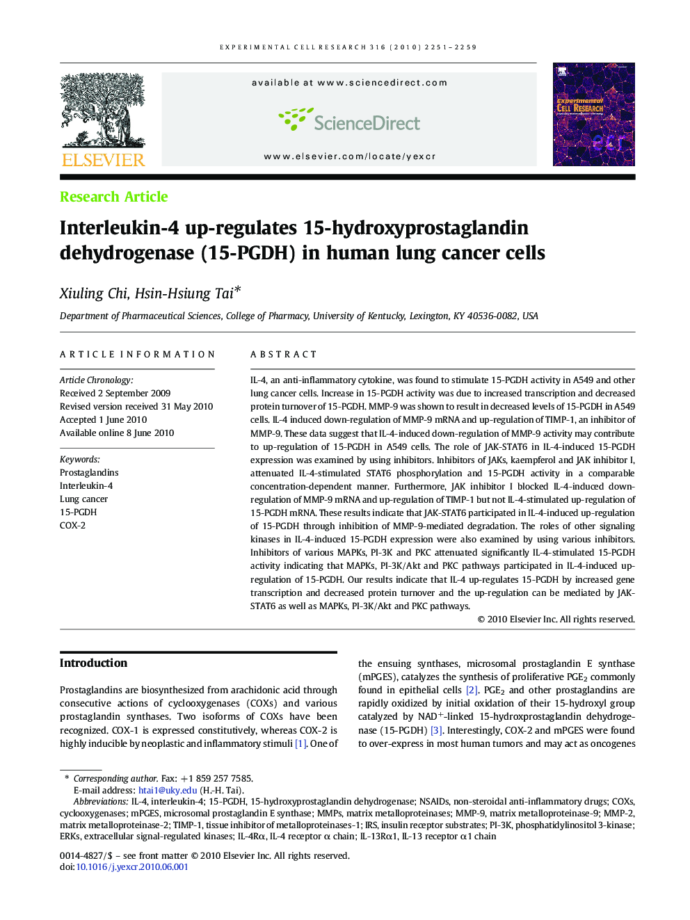 Interleukin-4 up-regulates 15-hydroxyprostaglandin dehydrogenase (15-PGDH) in human lung cancer cells