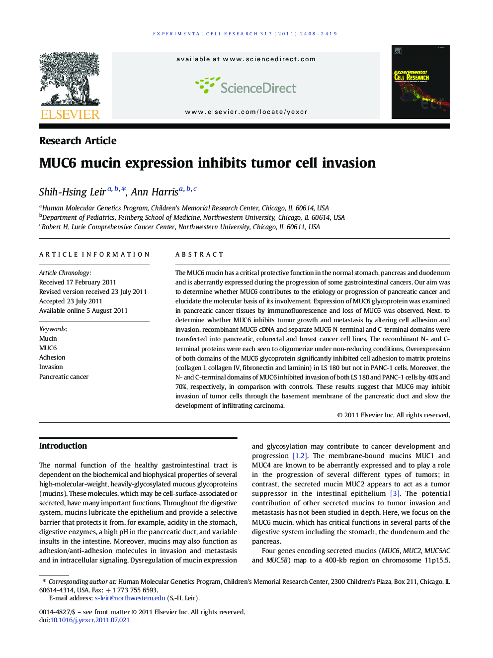 MUC6 mucin expression inhibits tumor cell invasion