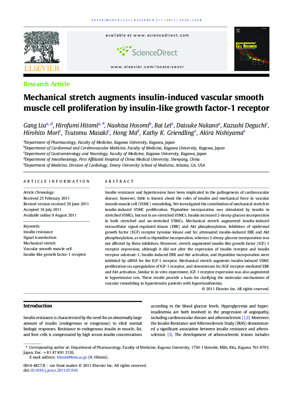 Mechanical stretch augments insulin-induced vascular smooth muscle cell proliferation by insulin-like growth factor-1 receptor