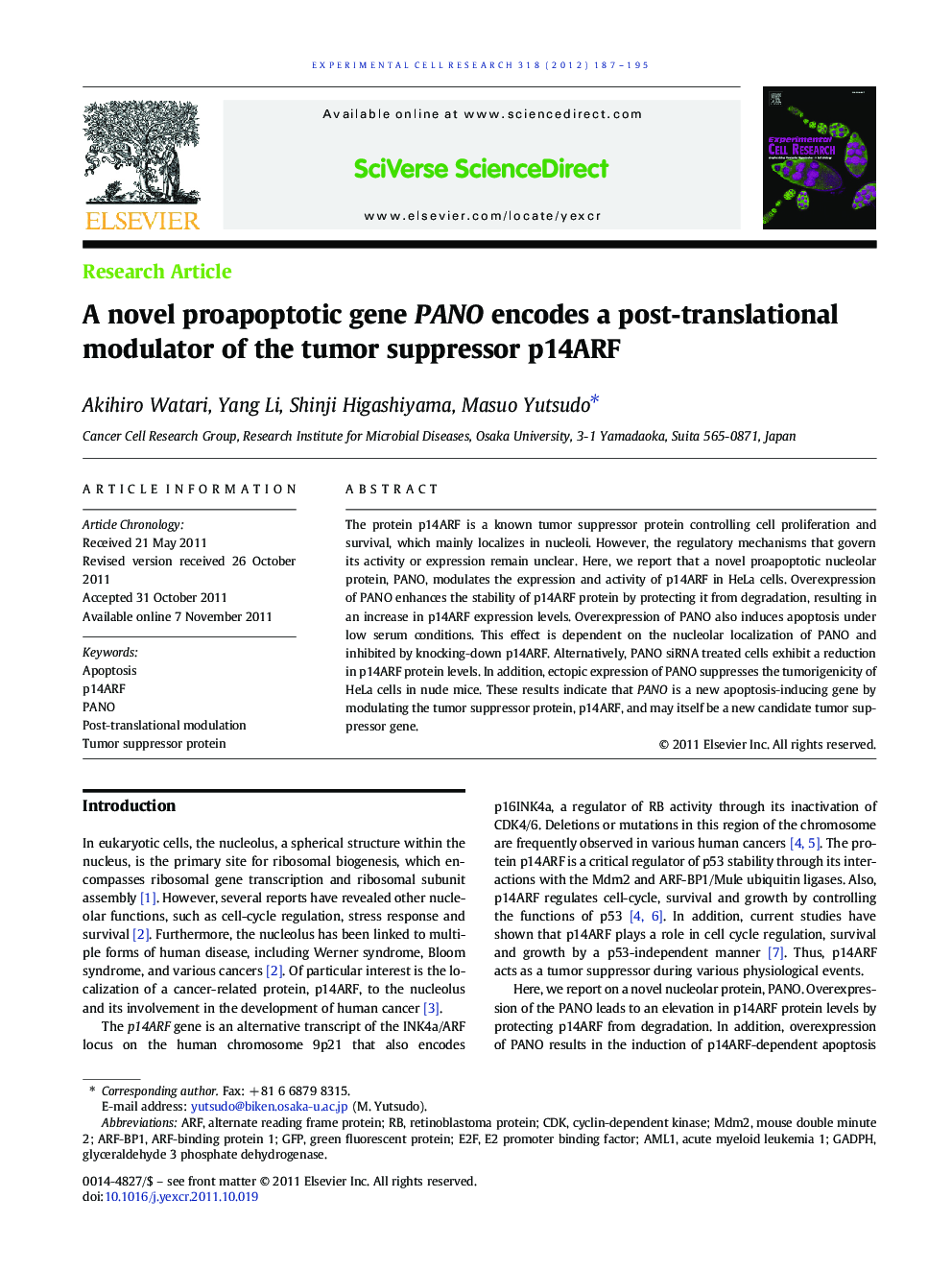 A novel proapoptotic gene PANO encodes a post-translational modulator of the tumor suppressor p14ARF