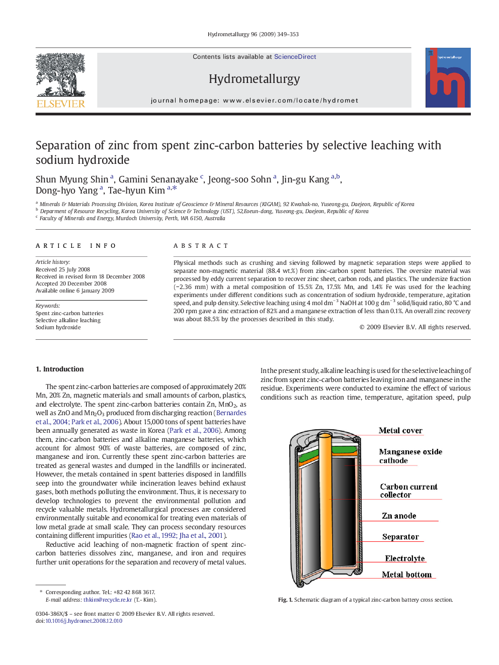 Separation of zinc from spent zinc-carbon batteries by selective leaching with sodium hydroxide