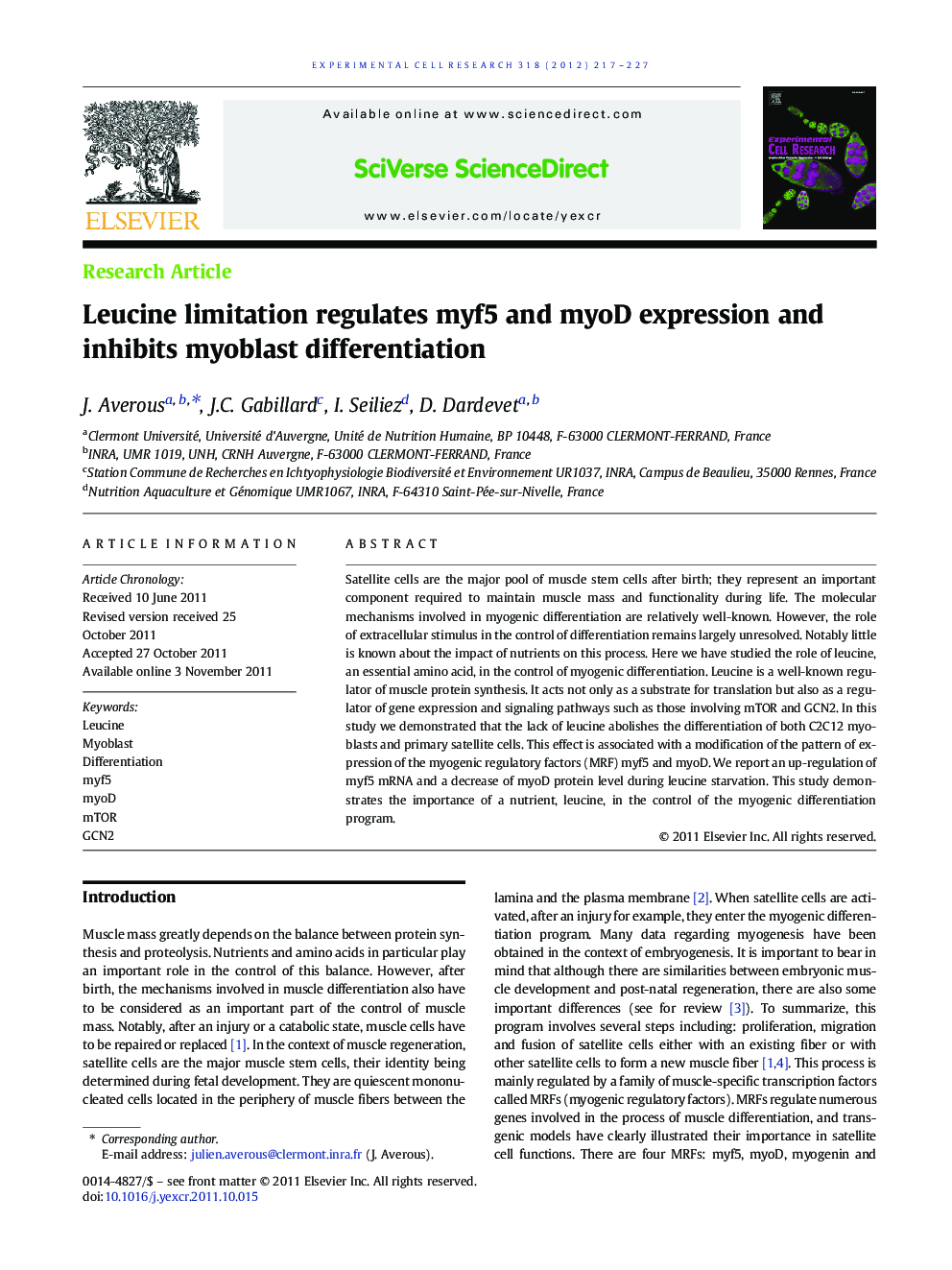 Leucine limitation regulates myf5 and myoD expression and inhibits myoblast differentiation