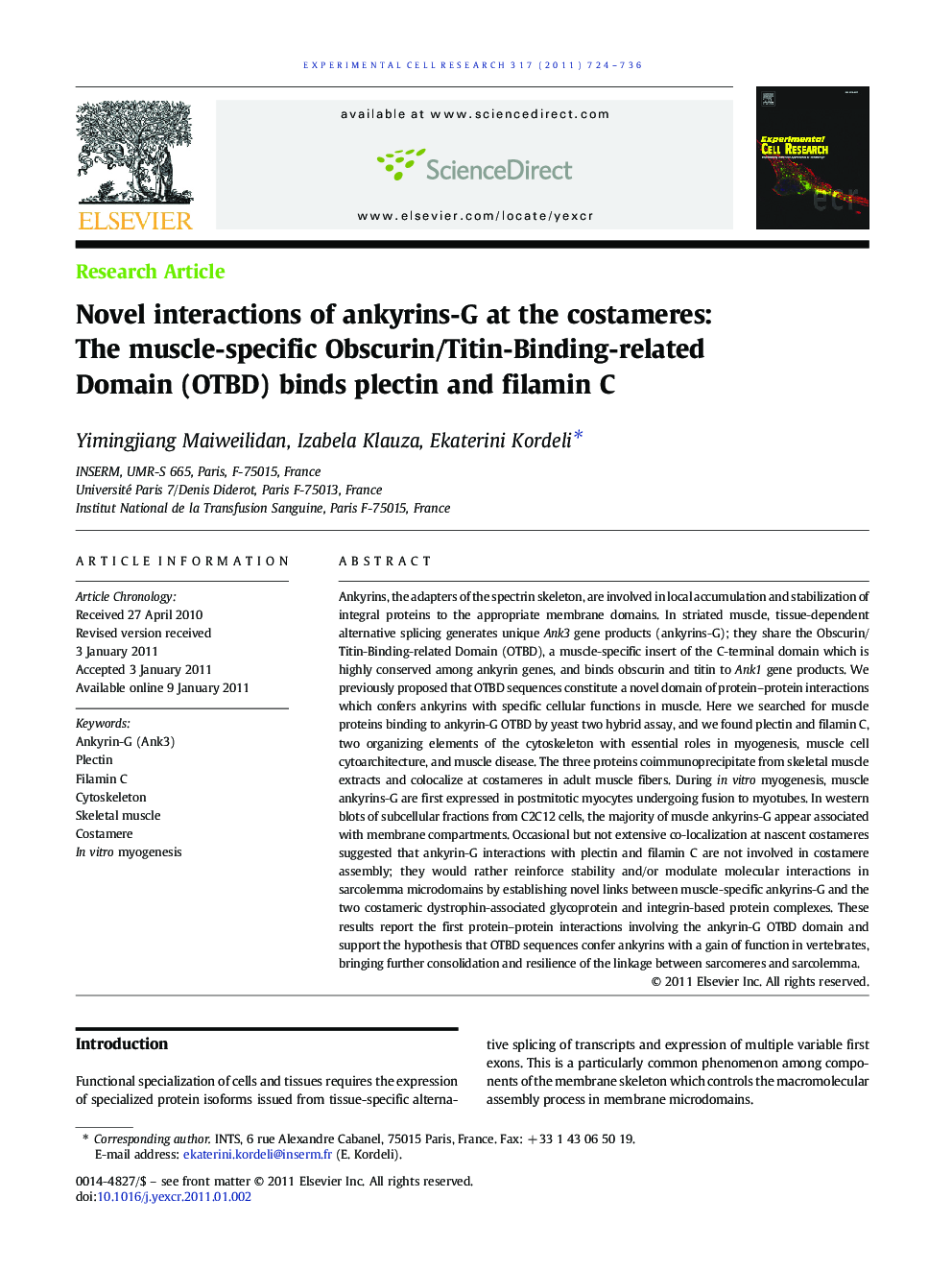 Novel interactions of ankyrins-G at the costameres: The muscle-specific Obscurin/Titin-Binding-related Domain (OTBD) binds plectin and filamin C