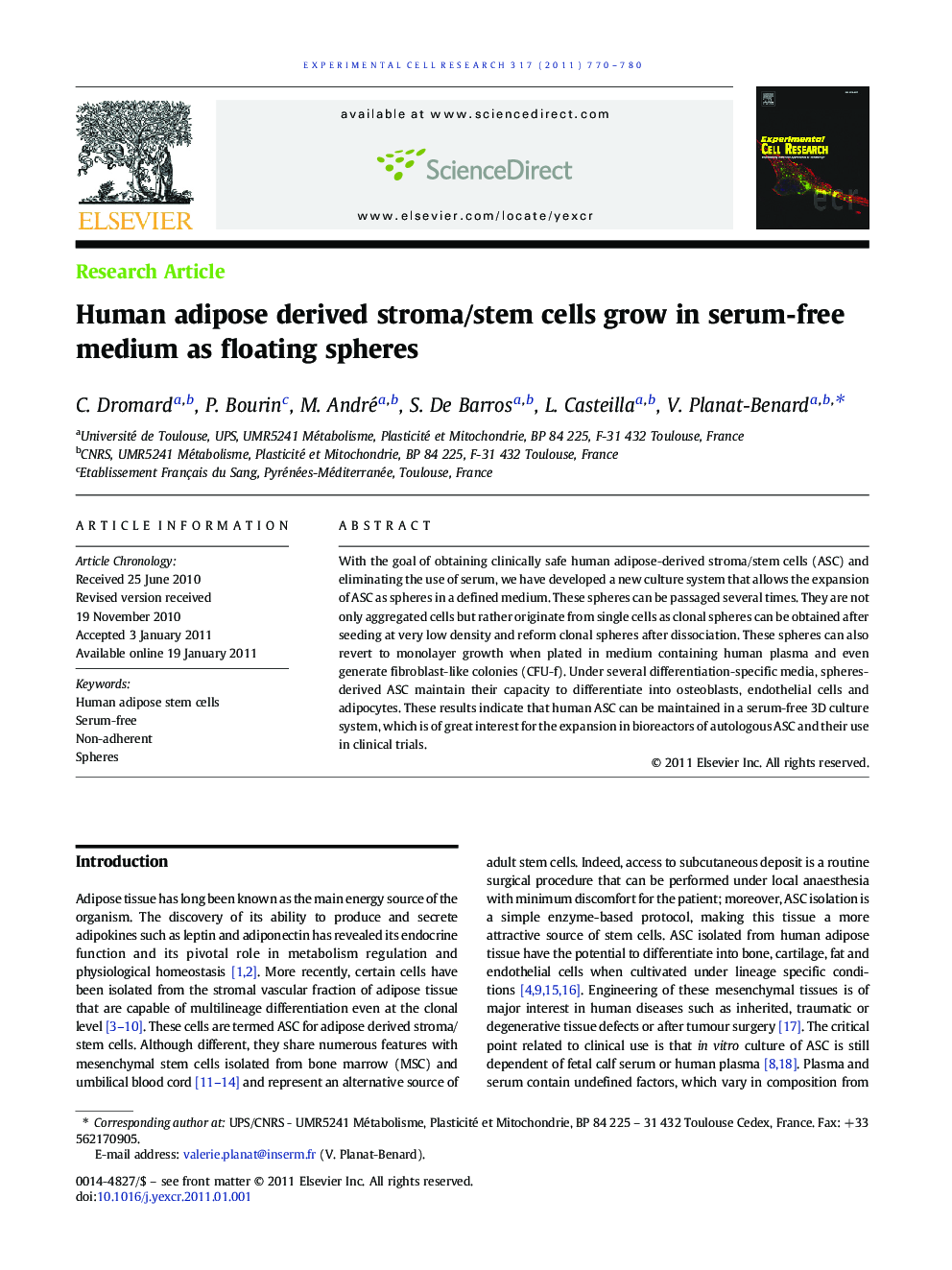 Human adipose derived stroma/stem cells grow in serum-free medium as floating spheres