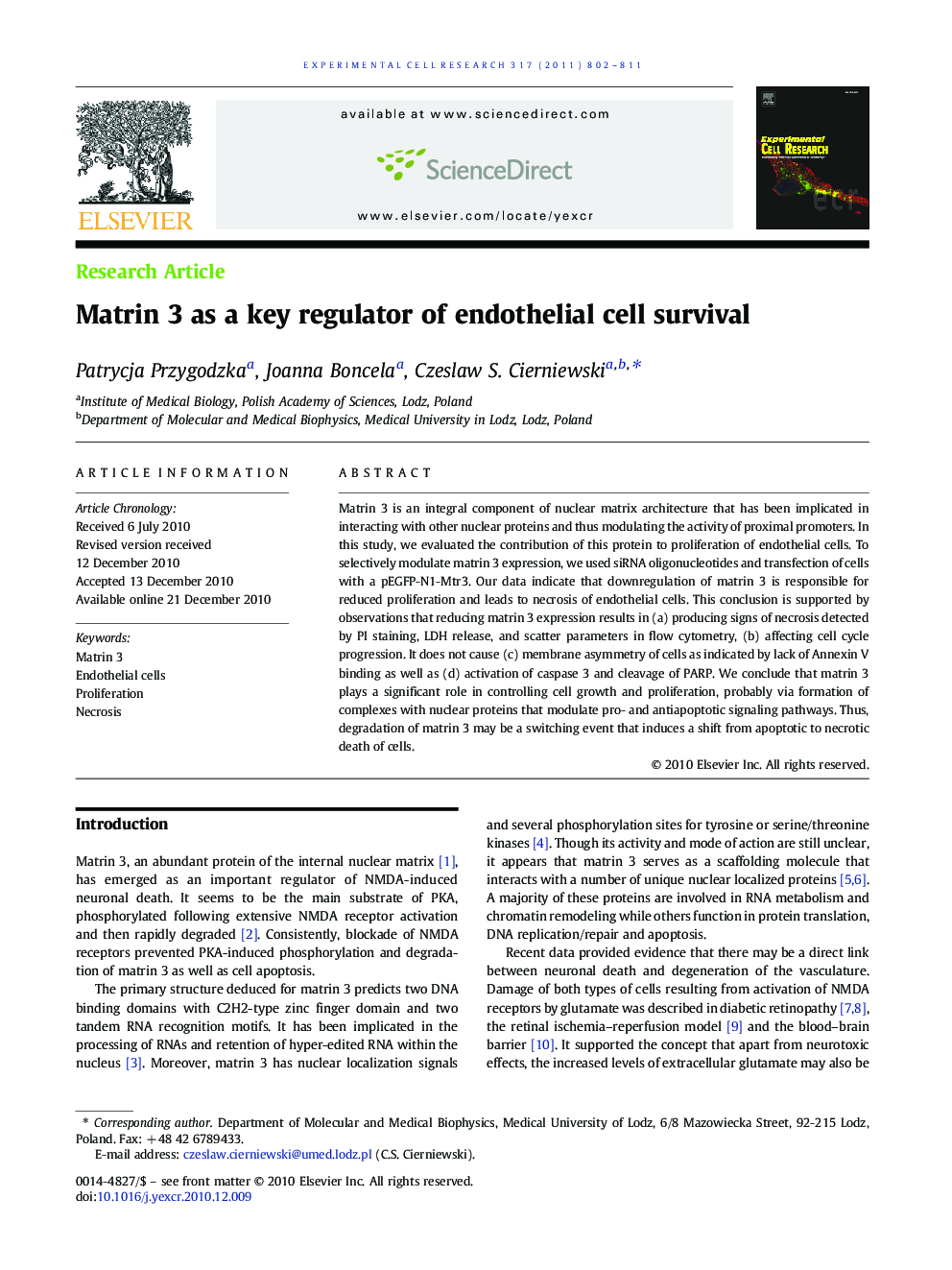 Matrin 3 as a key regulator of endothelial cell survival