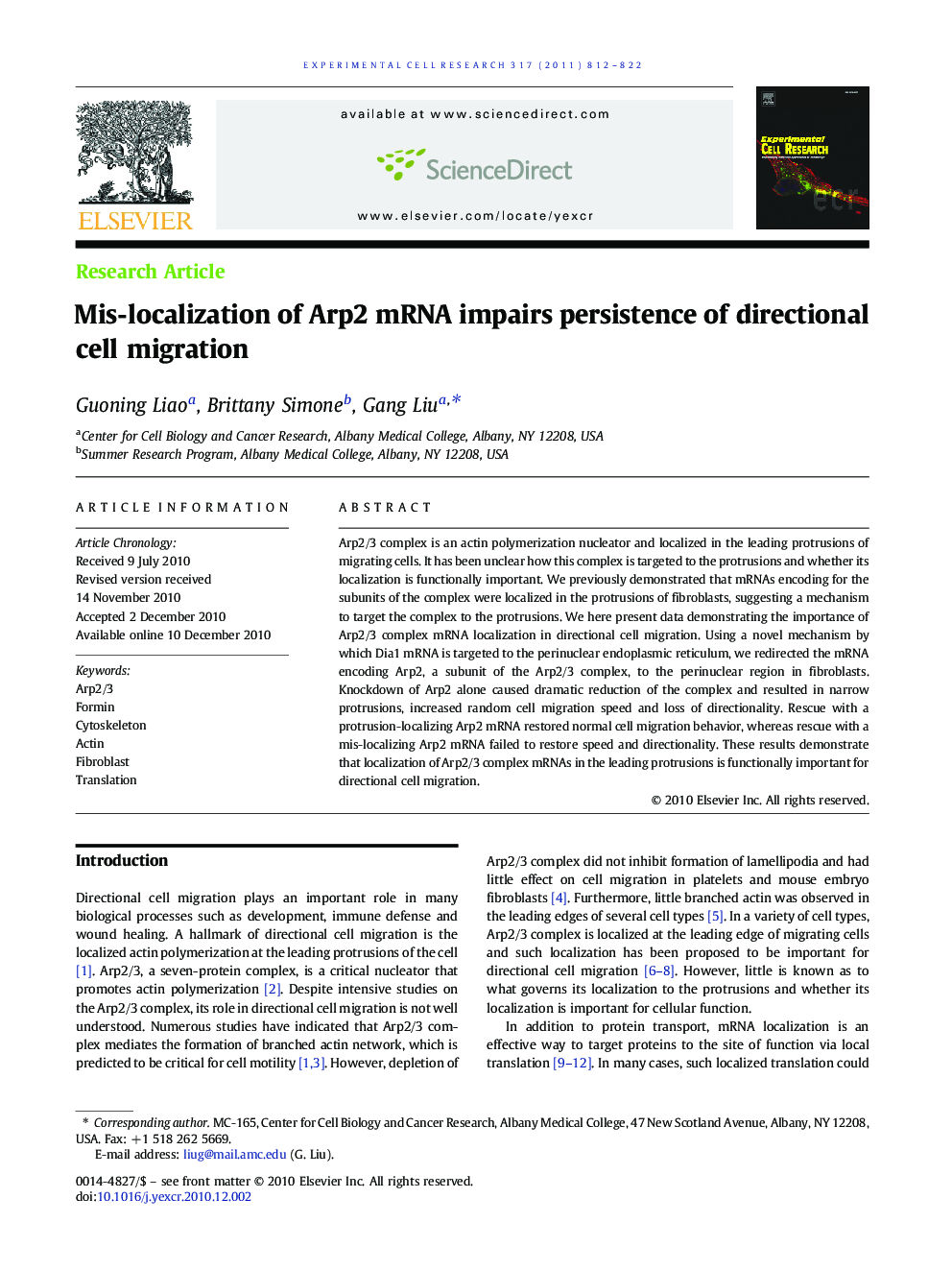 Mis-localization of Arp2 mRNA impairs persistence of directional cell migration