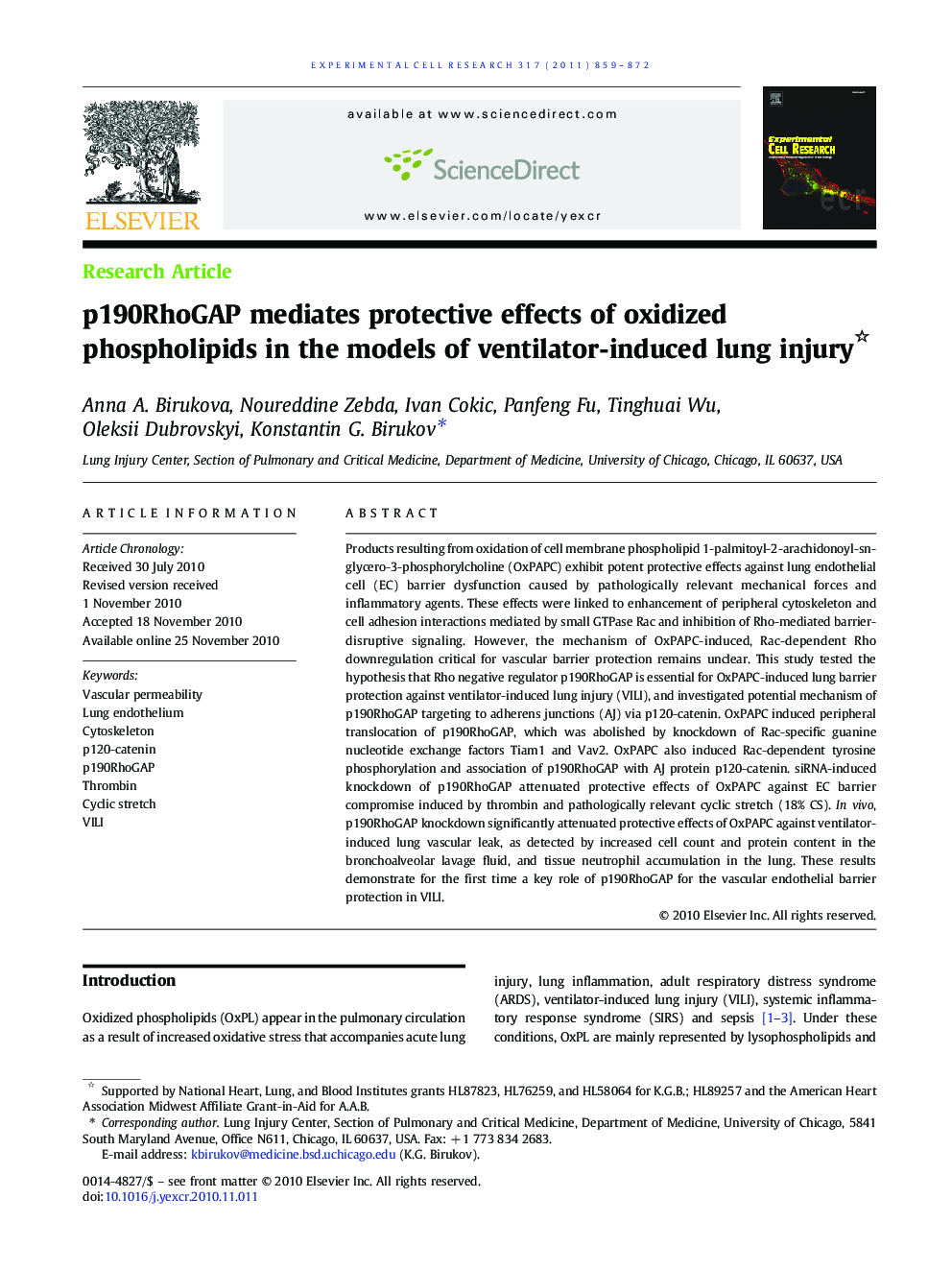 p190RhoGAP mediates protective effects of oxidized phospholipids in the models of ventilator-induced lung injury