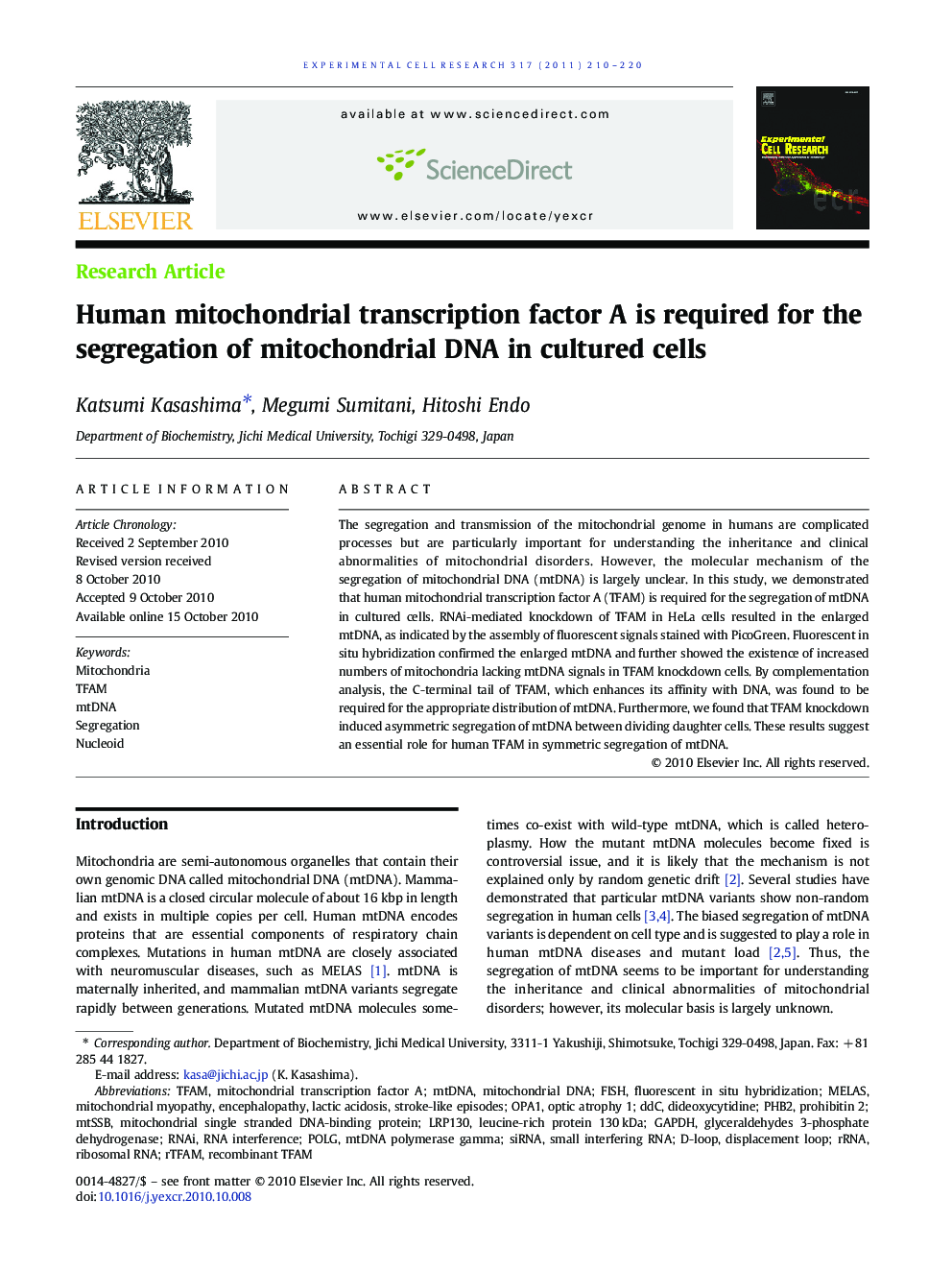 Human mitochondrial transcription factor A is required for the segregation of mitochondrial DNA in cultured cells