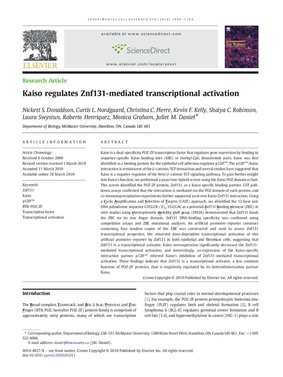 Kaiso regulates Znf131-mediated transcriptional activation