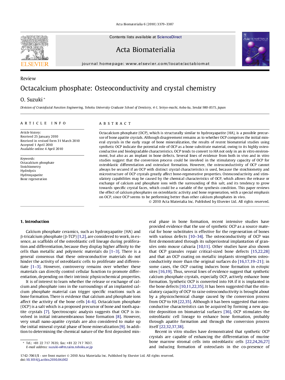 Octacalcium phosphate: Osteoconductivity and crystal chemistry