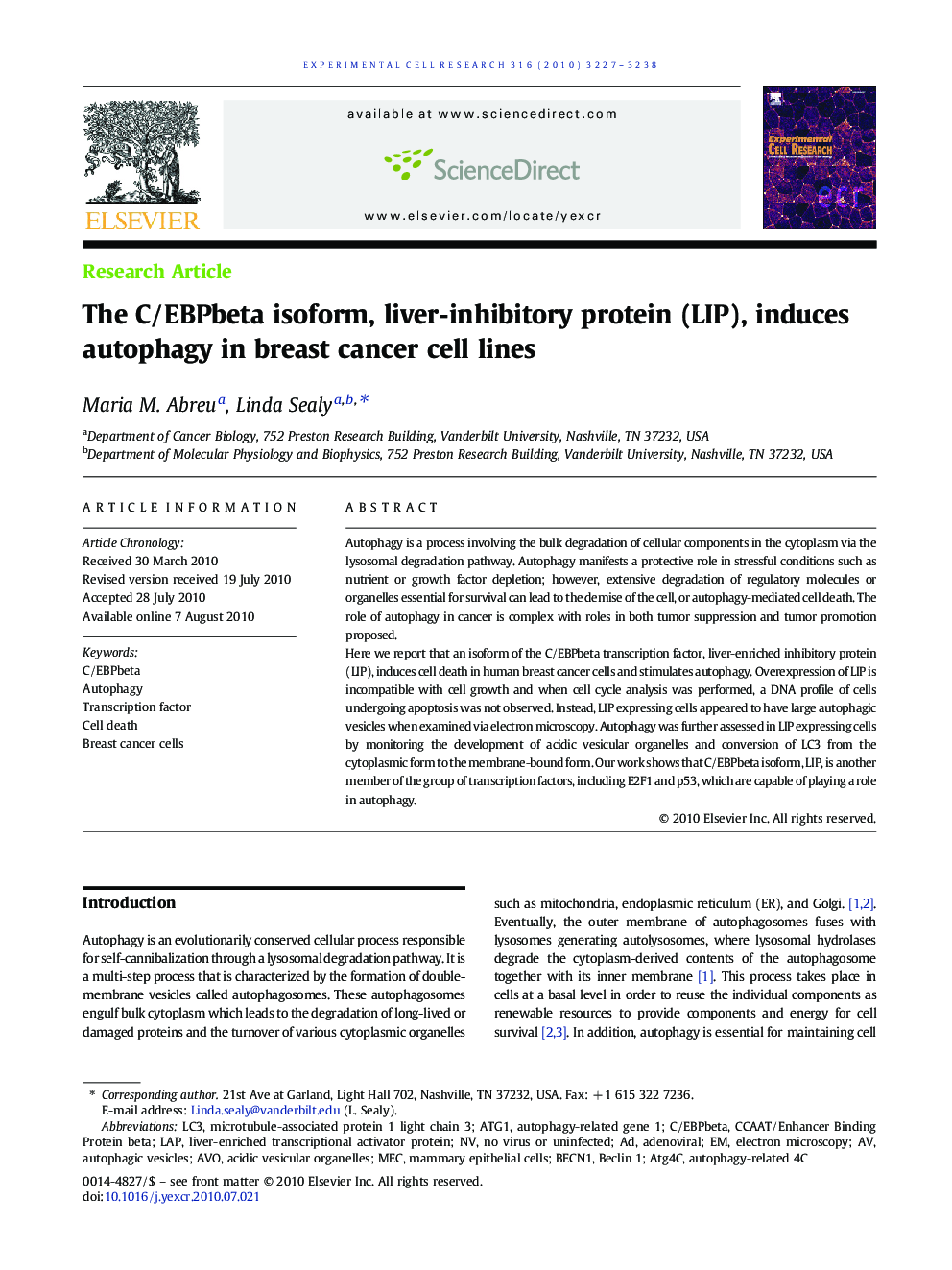 The C/EBPbeta isoform, liver-inhibitory protein (LIP), induces autophagy in breast cancer cell lines